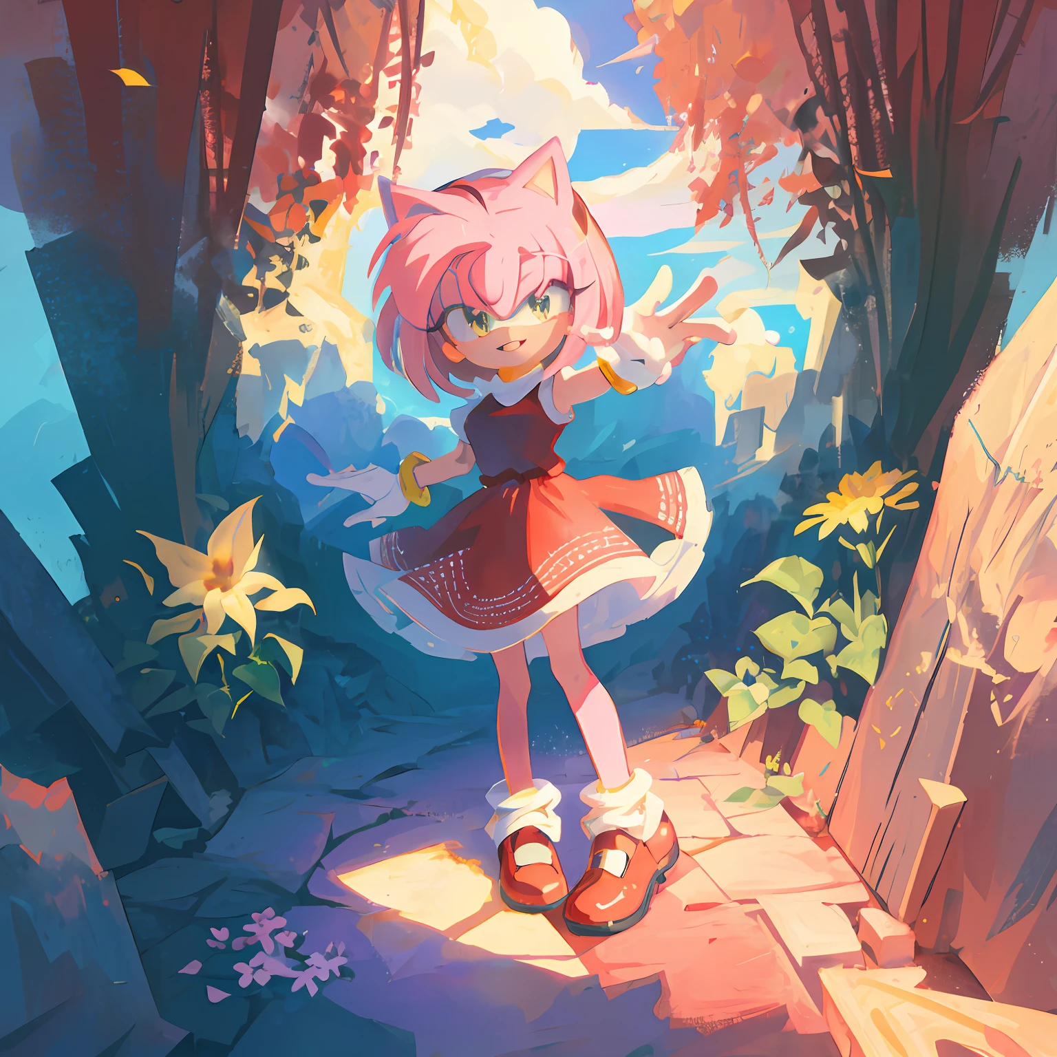 (masterpiece, best quality:1.1),fantasy,  intricate,  illustration  ,soft lighting,specular lighting,
1girl, solo, dress, pink skin,detailed eyes,
amy rose,  looking at viewer, smile, dynamic pose,  sonic \(series\),  flowers, cloudy sky, holding a flower, chibi,