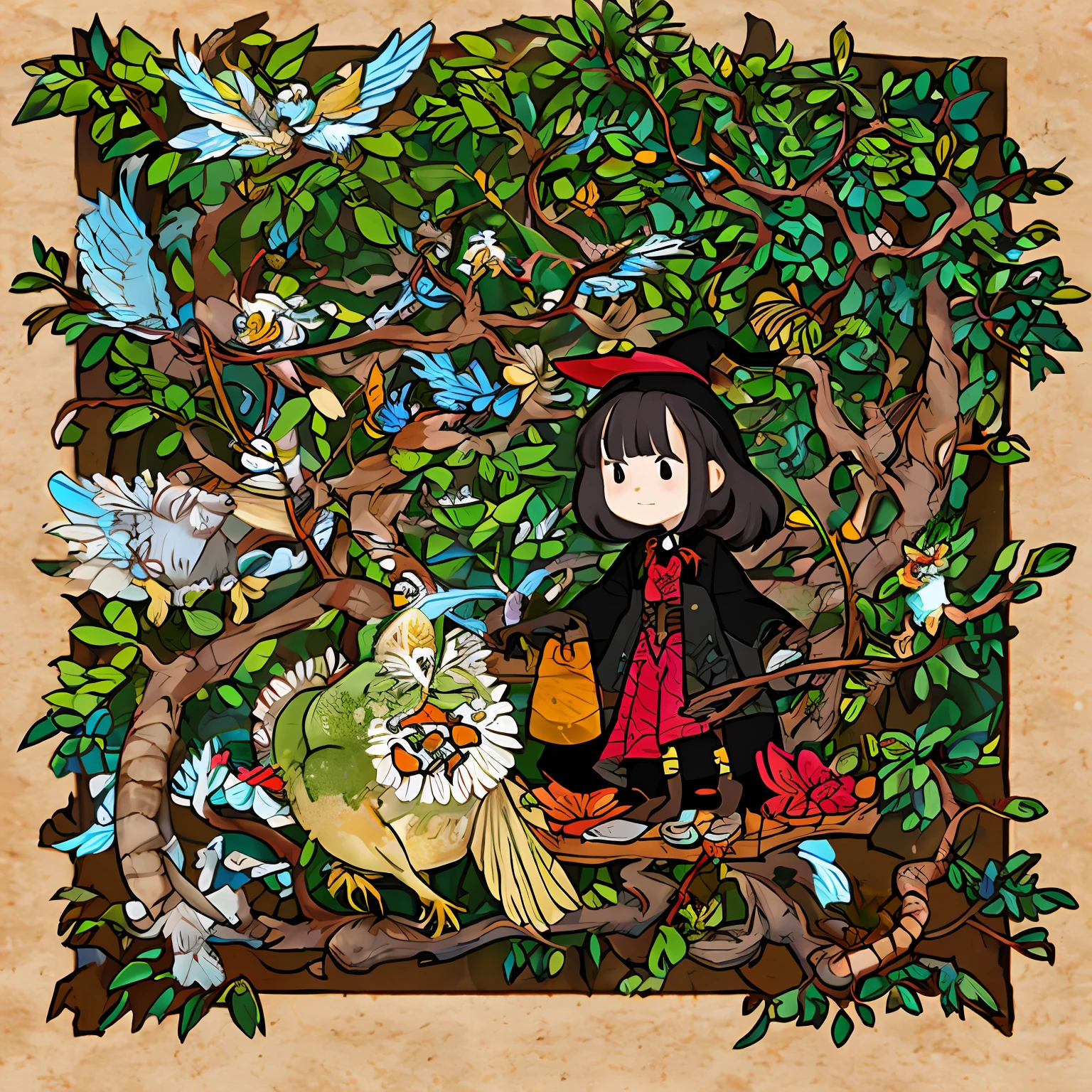 masterpiece,best quality,1girl,witch,nature,laboratory in a tree,cluttered,shelves,mysterious