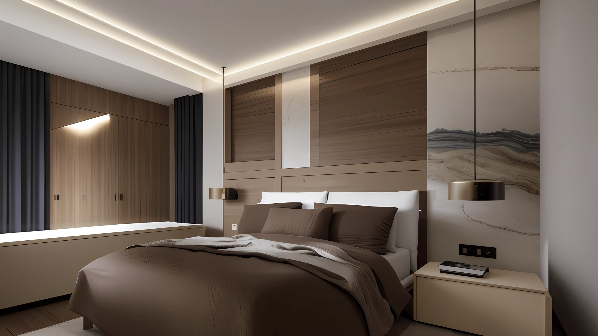 there is a bed with a brown blanket and a white wall, rendered lighting, Bed room, dimly lit bedroom, cinematic accent lighting, well lit 3 d render, enscape render, dim accent lighting, professional render, rendered in enscape, elegant render, insanely detailed rendering, award-winning render, very detailed render, bedroom interior, professional 3d render