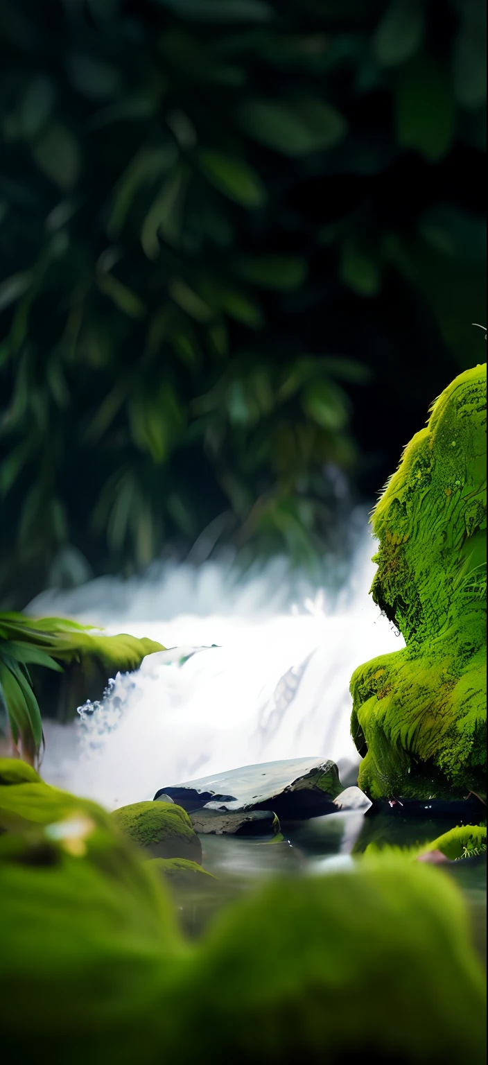 On mossy rocks, of moss, mossy head, mist rising from head, zen natural background, mossy stone, mist from waterfall, Mossy rock, mossy, moss landscape, body draped in moss, enviromental portrait, moss covered, enviromental portrait --auto