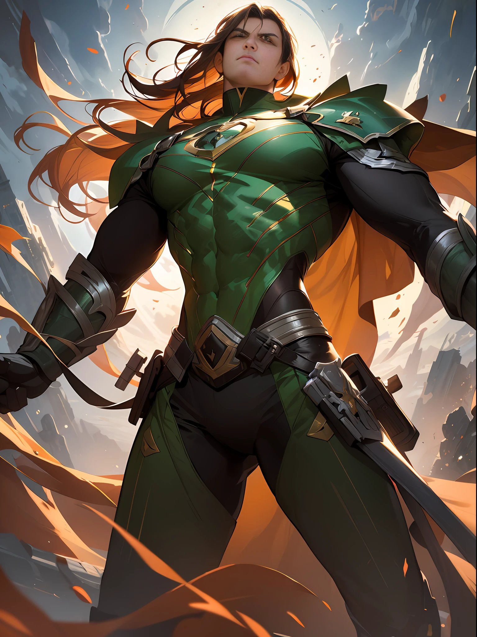 Develop an image of a hero wearing a green and gold costume. The hero must have a noble and powerful appearance, with distinct character traits. The green and gold costume should be modern and futuristic, with technological elements and details that make it unique. The hero must be in a heroic pose, as if he is ready to face any challenge that comes his way. The background scene can be an urban landscape or an imaginary landscape that matches the heroic aura of the character. Feel free to add creative and interesting details to make the hero even more captivating, trending in artstation, stanley artgerm lau cinematic wallpaper, wlop, rossdraws, james jean, andrei riabovitchev, marc simonetti, yoshitaka amano. james jean and gustav klimt background, julie bell light, porcelain skin, zdislaw beksinski style, dynamic lighting,