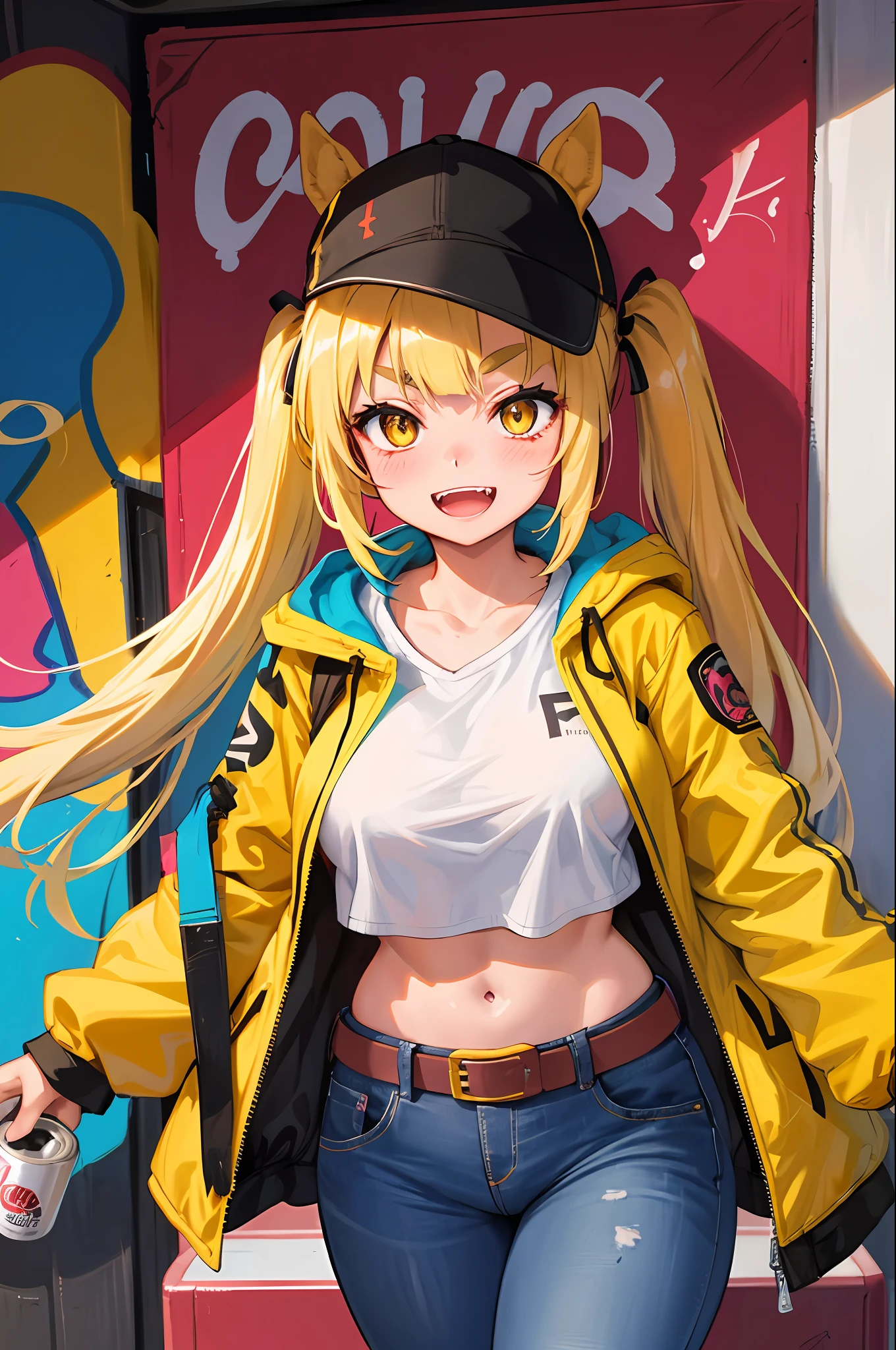 Original Character, Volumetric Lighting, Best Shadows, Shallow Depth of Field, Portrait Of Stunningly Beautiful Girl, Petite, Delicate Beautiful Attractive Face With Alluring Yellow Eyes, Messy Painted Face, Sharp Eyebrows, Broadly Smiling, Open Mouth, Fangs Out, Lovely Medium Breasts, Layered Long Twintail Blond Hair, Blush Eyeshadow, Thick Eyelashes, Applejack Hat, Oversized Pop Jacket, Mini Underboob Tee, Open Navel, Slim Waist, Denim Jeans Pants, With Buckle Belt, In The Graffiti Alley, Waste Container, Outside Stairs, Outdoor Unit, Holding Spray Paint Can, Standing, (Highest Quality, Amazing Details:1.25), (Solo:1.3), Brilliant Colorful Paintings