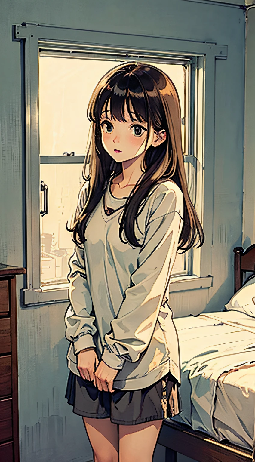The brunette girl was alone in her bedroom,The expression was very lonely
