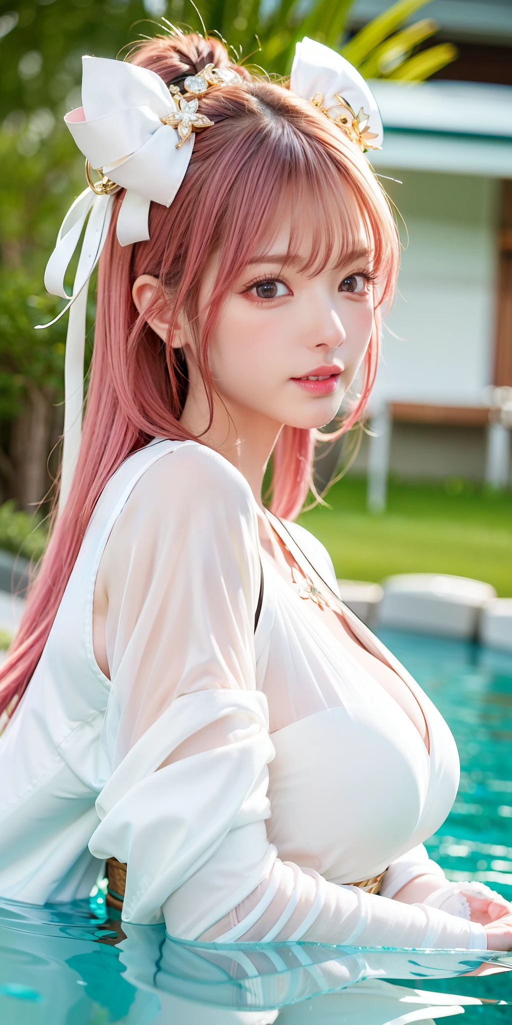 (8k, 4k, best quality, highres:1.2), (maasterpiece, realistic, photo realistic:1.37), 1girl, solo, beautiful face, eyelashes, nose, glossy lips, (detailed eyes, looking at viewer, fair skin, white skin:1.5), fine complexion, upper body,
large breasts, busty,,,
outdoor onsen,
two side up, absurdly long hair, blonde hair, pink hair, bangs, hair ornament, bow,
younger, aged down,