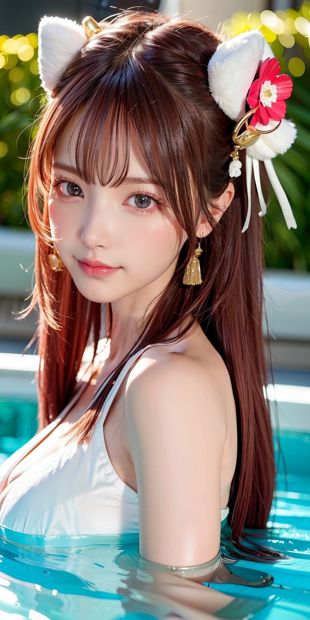 (8k, 4k, best quality, highres:1.2), (maasterpiece, realistic, photo realistic:1.37), 1girl, solo, beautiful face, eyelashes, nose, glossy lips, (detailed eyes, looking at viewer, fair skin, white skin:1.5), fine complexion, upper body,
large breasts, busty,,,
outdoor onsen,
two side up, absurdly long hair, blonde hair, pink hair, bangs, hair ornament, bow,
younger, aged down,