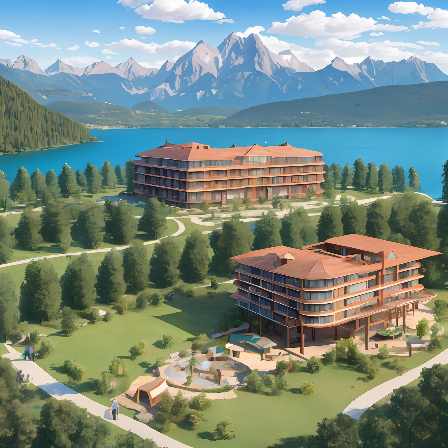 Rendering of a hotel in the ruins park, three floors, distributed in a rectangular shape, with a podium on the side, two mountains on the north side, and a lake in front of the mountains, and a view of the mountains and the lake from the hotel --auto