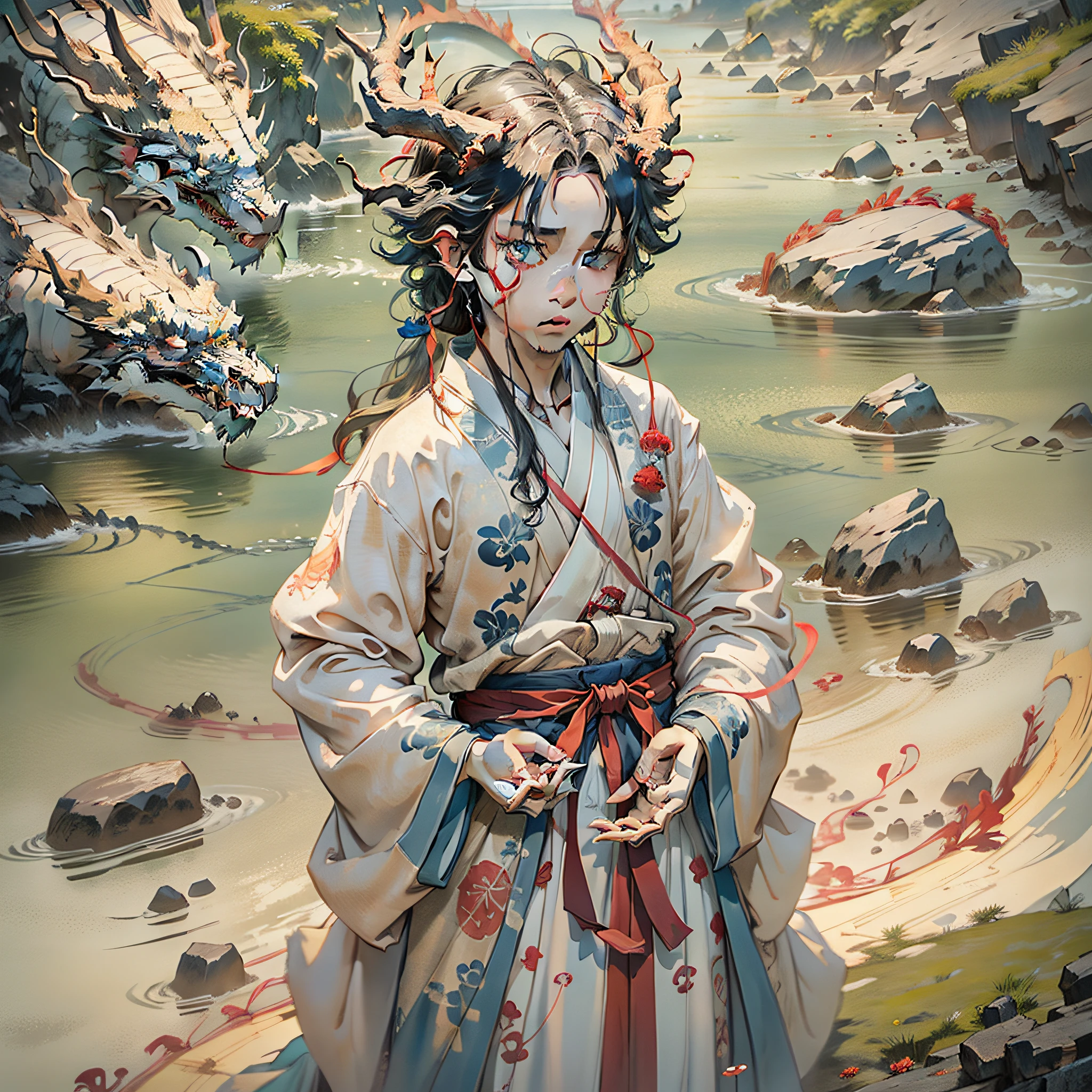 A young boy with dragon horns，Human face，Blue-white pupils，Dressed in gorgeous Hanfu，Pinch your hands，Standing barefoot on the waves