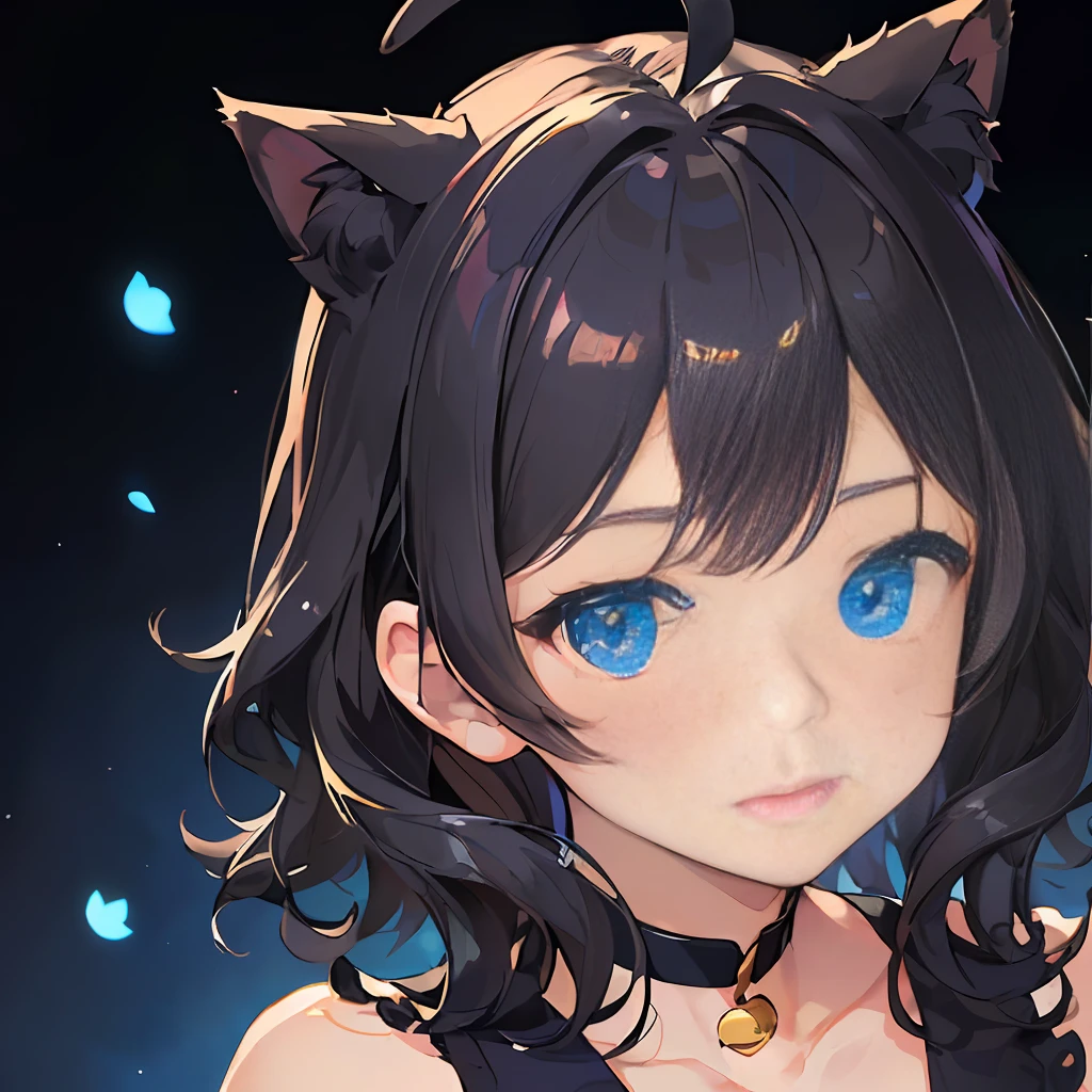 ((best qulaity))、((A masterpie))、((ultra-definition))、(illutst)、(Fine light)、(Extremely delicate and beautiful)、(((独奏)))、(((a beautifulchi girl) )))、((Best Quality,(Black Hair), (Black cat ears), (Ahoge), (absurdly short hair), (Wavy Hair), (Blue eyes),Spoiled face、Cat Pose、