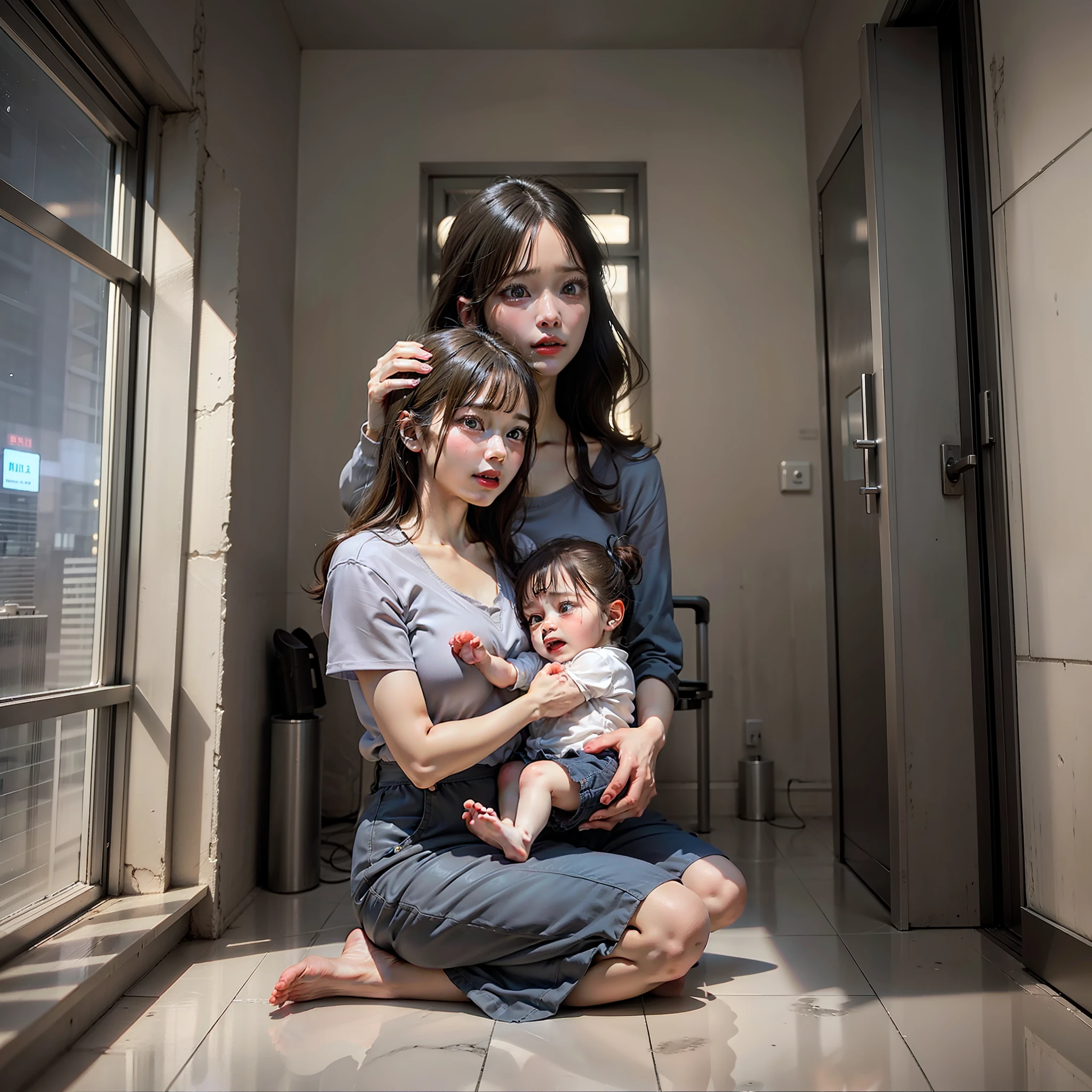 3D,Animated comic quality,Night,Inside high-rise buildings,inside a room,Mom holding the baby,The child is afraid,weeping