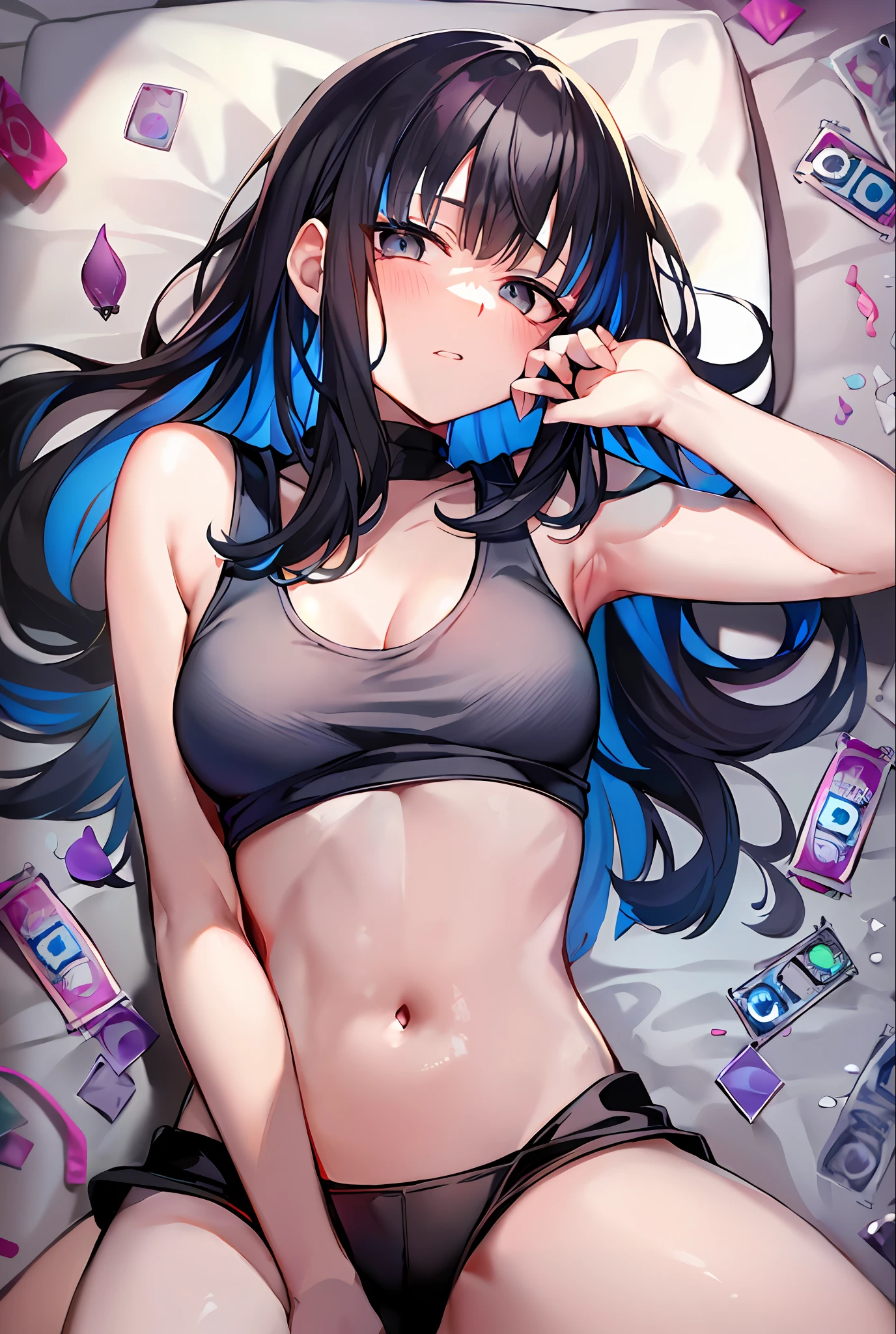 巨作、hight quality、high picture quality、（（ＦＧＯ））、（（Tenochtitlan））、Gray eyes、Red lines around the eyes、dark haired、Blue inner hair、Calm look、Stomach out、Exposed groin，((Plain tank top))，((Simple spats))、(Sit on the bed)、((Condoms scattered on the bed))