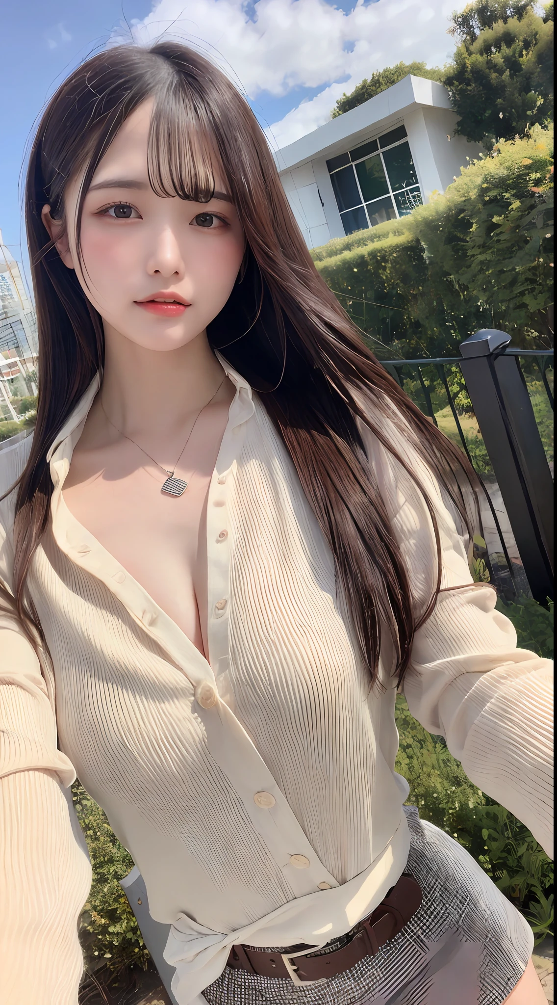 (Best quality, High resolution, Masterpiece :1.3), A tall and pretty woman, Slender abs, Dark brown hair styled in loose waves, Breasts, Wearing pendant, White button up shirt, Belt, Black skirt, (Modern architecture in background), Details exquisitely rendered in the face and skin texture, Detailed eyes, Double eyelid
