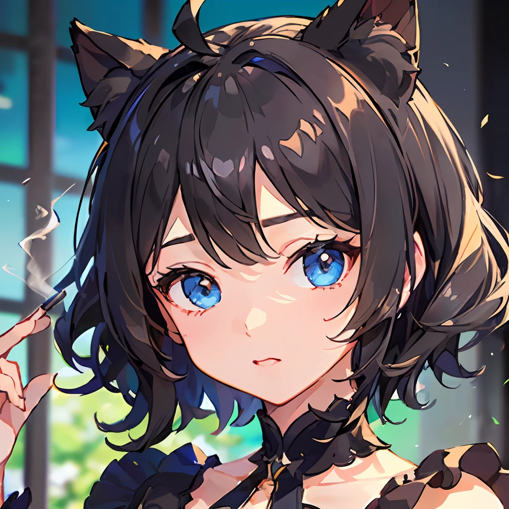 ((highly best quality))、((巨作))、((ultra-definition))、(illutst)、(Fine light)、(Extremely delicate and beautiful)、(((独奏)))、(((a beautifulchi girl) )))、((Best Quality, Clearly,(Black hair), (Black cat ears), (Ahoge), (absurdly short hair), (Wavy Hair), (Blue eyes),Holding a cigarette、