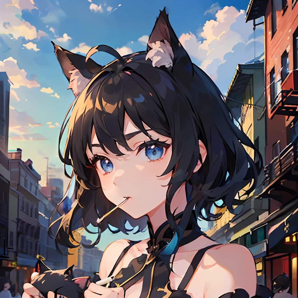 ((highly best quality))、((巨作))、((ultra-definition))、(illutst)、(Fine light)、(Extremely delicate and beautiful)、(((独奏)))、(((a beautifulchi girl) )))、((Best Quality, Clearly,(Black hair), (Black cat ears), (Ahoge), (absurdly short hair), (Wavy Hair), (Blue eyes),Holding a cigarette、