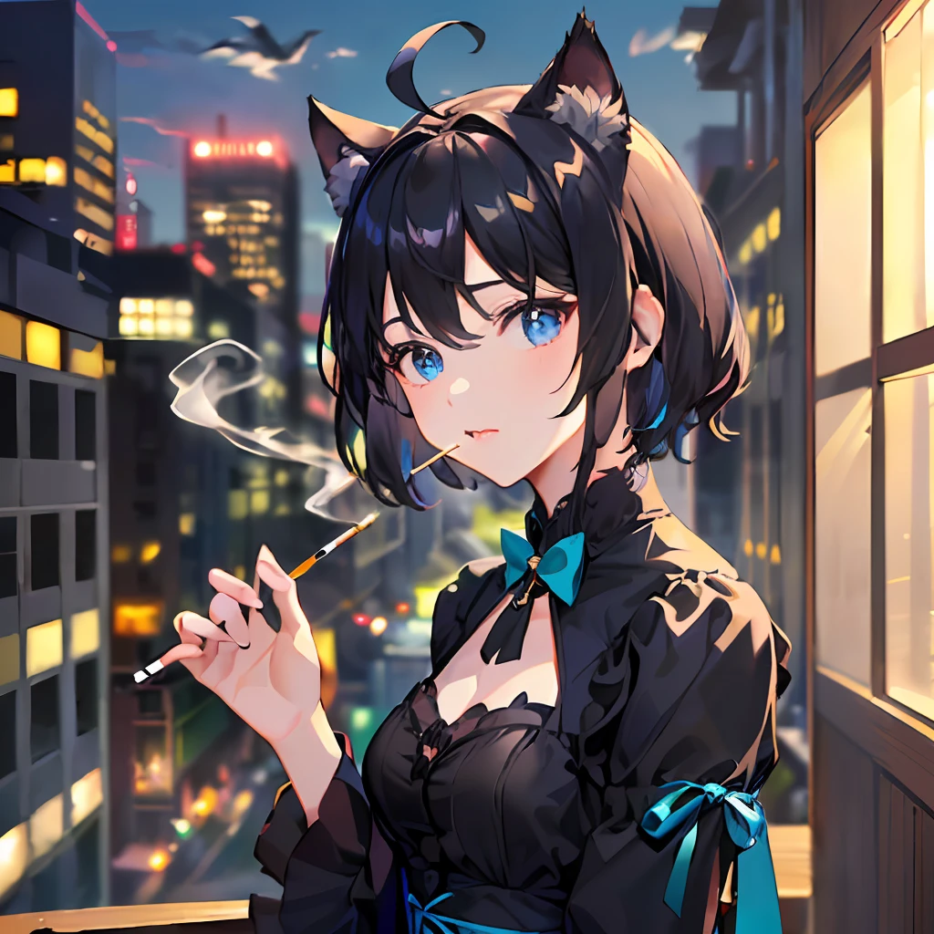 ((highly best quality))、((巨作))、((ultra-definition))、(illutst)、(Fine light)、(Extremely delicate and beautiful)、(((独奏)))、(((a beautifulchi girl) )))、((Best Quality, Clearly,(Black hair), (Black cat ears), (Ahoge), (absurdly short hair), (Wavy Hair), (Blue eyes),Holding a cigarette、