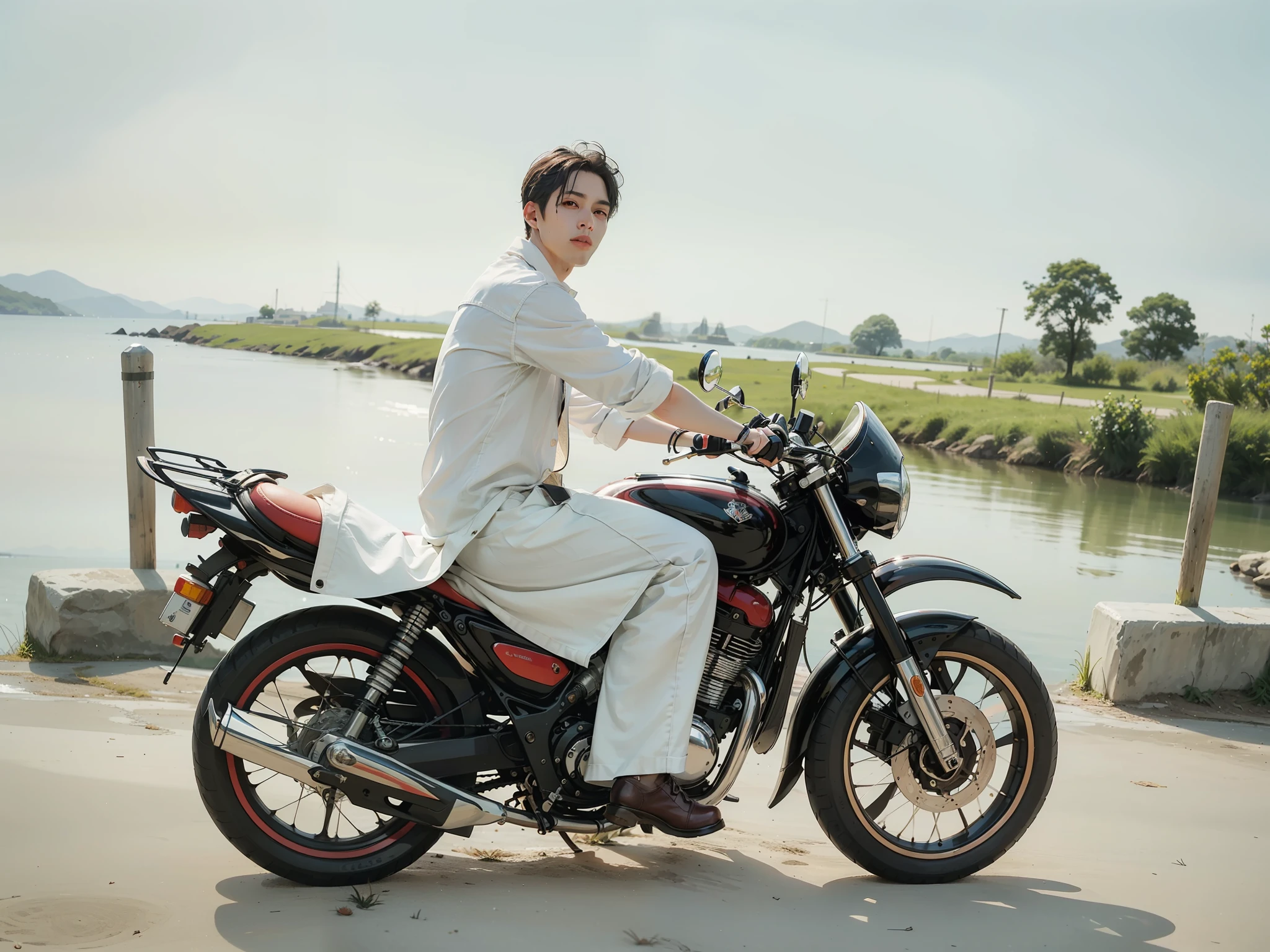 "An absolutely lovely and handsome face with a white complexion:1.2, exuding an endearing and charming aura:1.1, set against a stunningly beautiful and idyllic background."