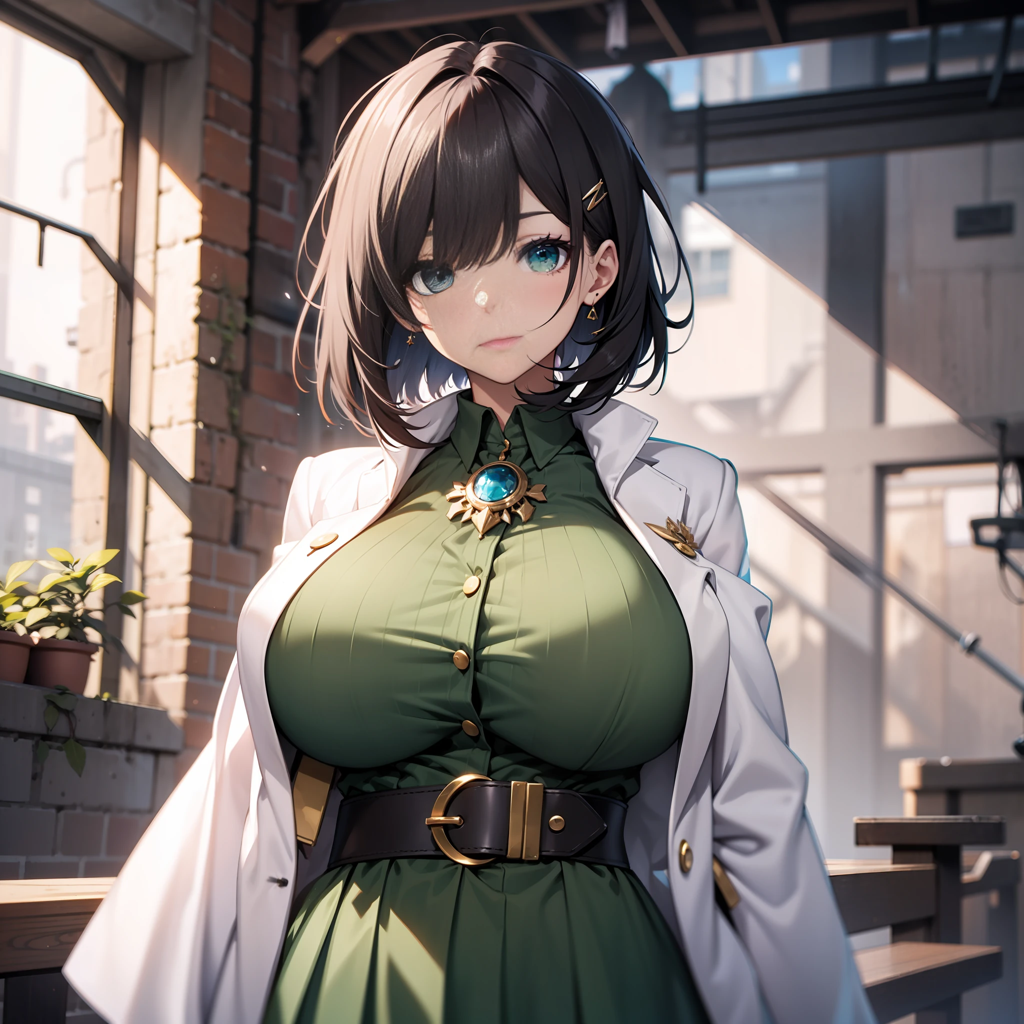 researcher、Increased hair volume、bob cuts、white robes、HugeBoobs、brooch、Green Shirt、Long skirt、