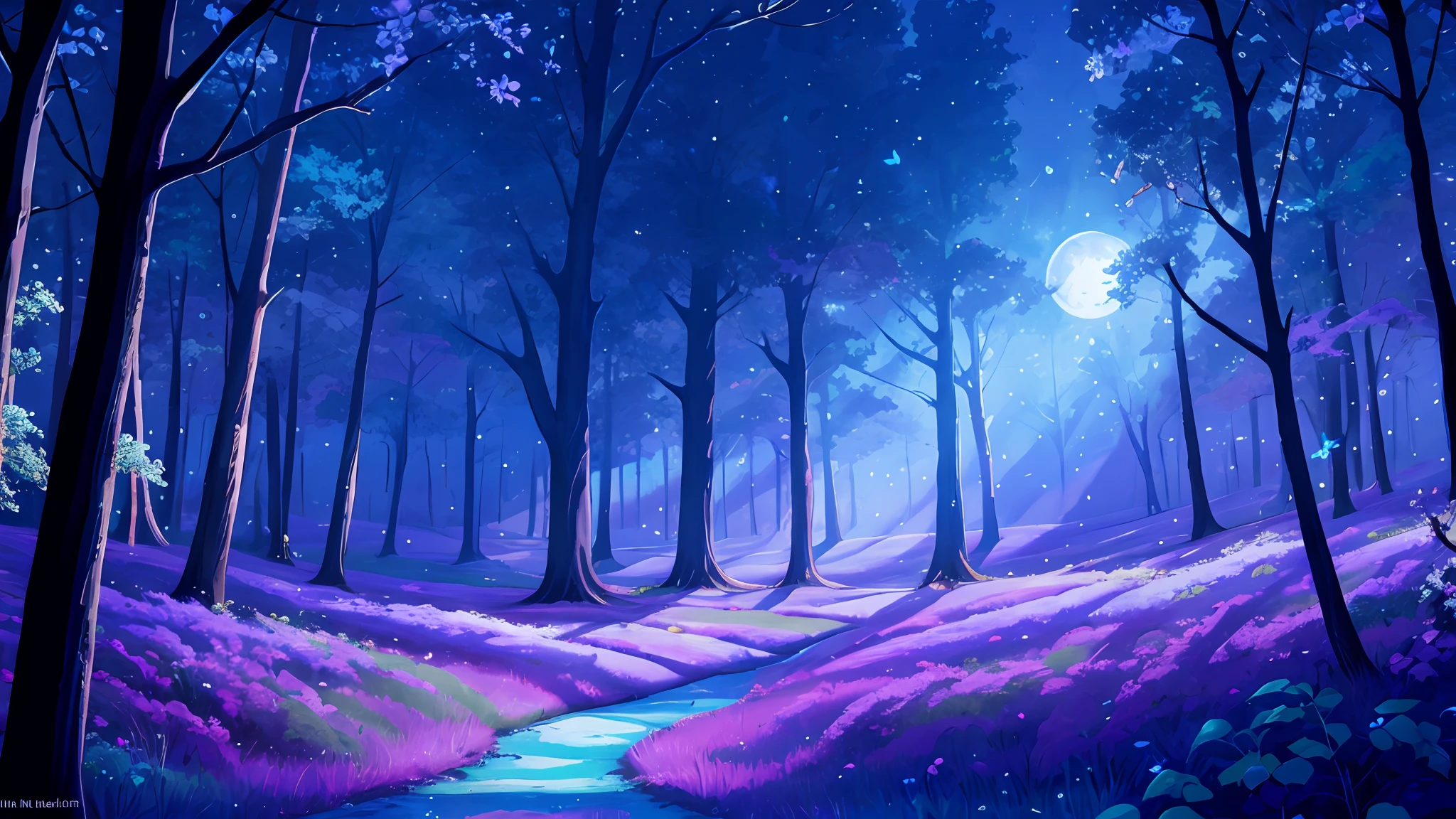 Woodland scenery with purple moon shining in the background, blue butterflies in the air