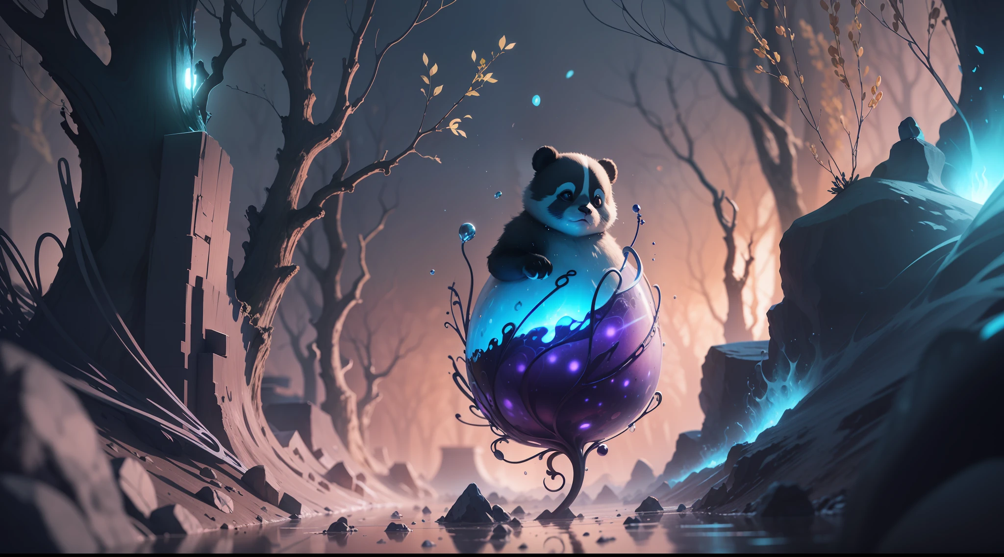 （Digital artwork：1.3）（a sketch：1.1）Octane renders a mysterious dense forest，With a large one that leads to the Eternal Kingdom（magic：1.2）doors（portal：1.3），（（Panda Mage，Long staff，Exit from the teleportation array）），an intricate（vine：1.2），Huge tree in liquid metal，Realistic digital painting portrait，shot at 8k resolution，Gasoline liquid，color pastel，splashart，Blue and purple magic universe，Lithography in intricate details，（light particules：1.2），best qualitiy， illustration，  waters， firey， Tuuli ， space ， Paper_Cut， splashart，Lithography in intricate details，（Light particles：1.2），（game concept：1.3），（deep of field:1.3),Global illumination,with rich details,Trends on ArtStation，Epic shooting，Cinematic lighting