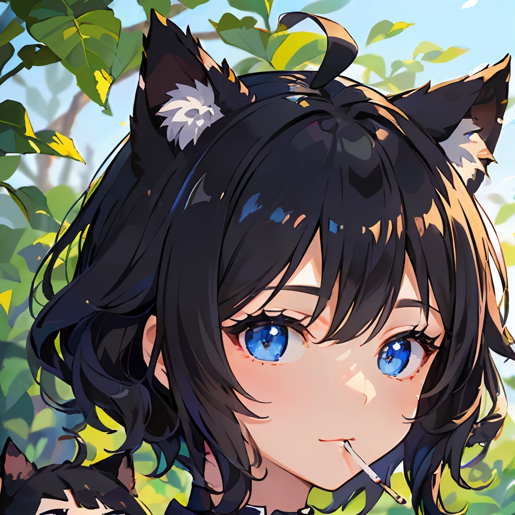 ((highly best quality))、((巨作))、((ultra-definition))、(illutst)、(Fine light)、(Extremely delicate and beautiful)、(((独奏)))、(((a beautifulchi girl) )))、((Best Quality, Clearly,(Black hair), (Black cat ears), (Ahoge), (absurdly short hair), (Wavy Hair), (Blue eyes),Holding a cigarette、