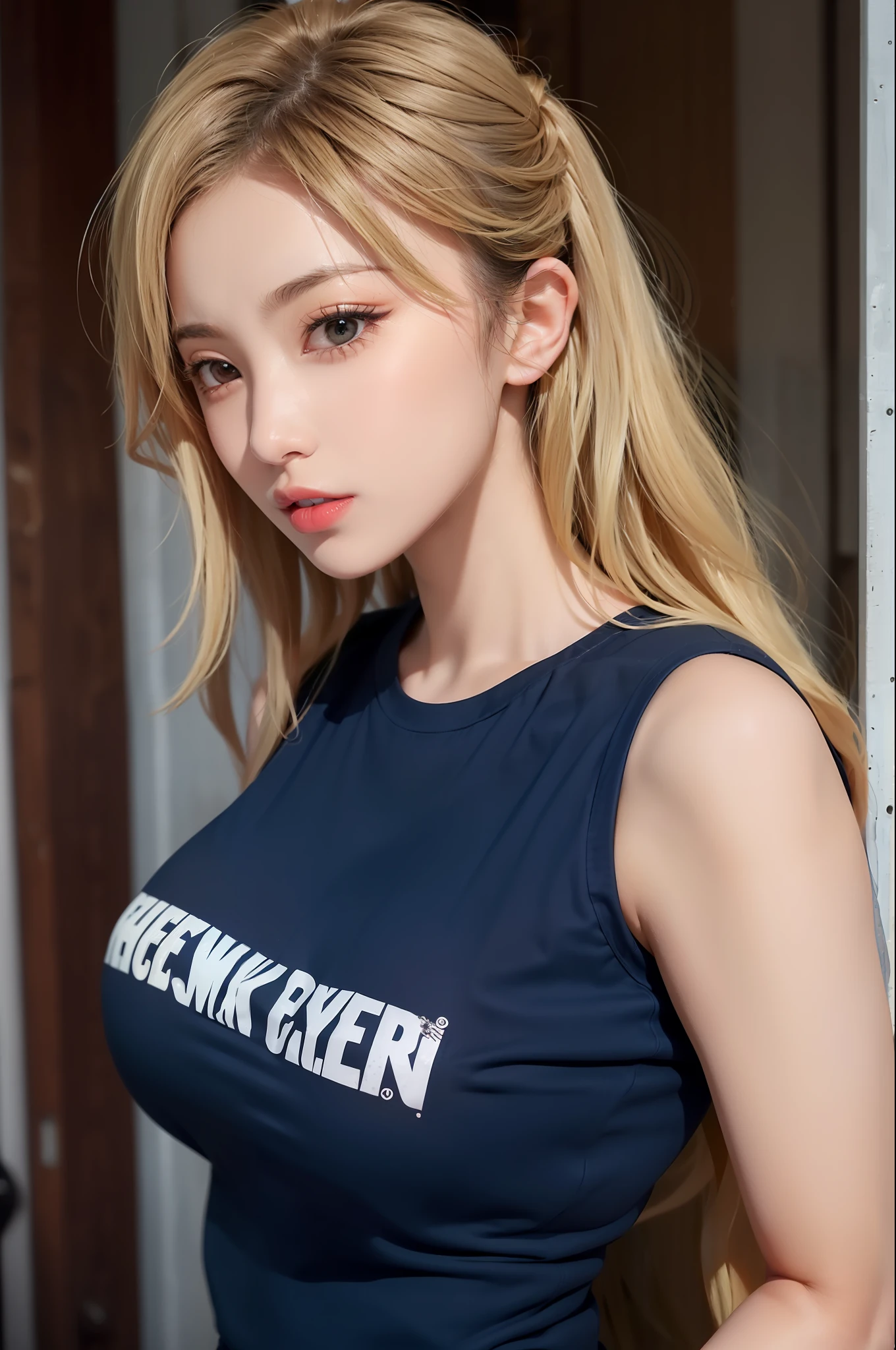 (1girls)、HugeBoobs、chests、suntanned、Expose muscles、Sweat muscles、Wavy blonde hair、punk tshirt、Punk Girl