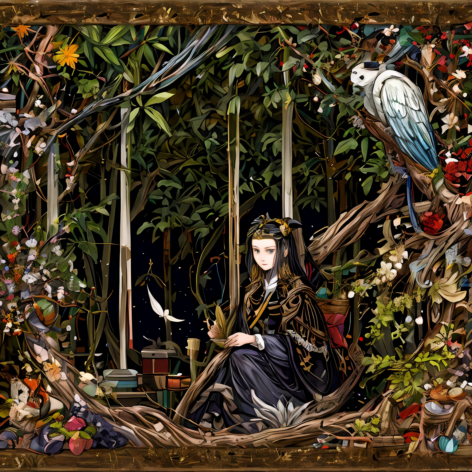 masterpiece,best quality,1girl,witch,nature,laboratory in a tree,cluttered,shelves,mysterious