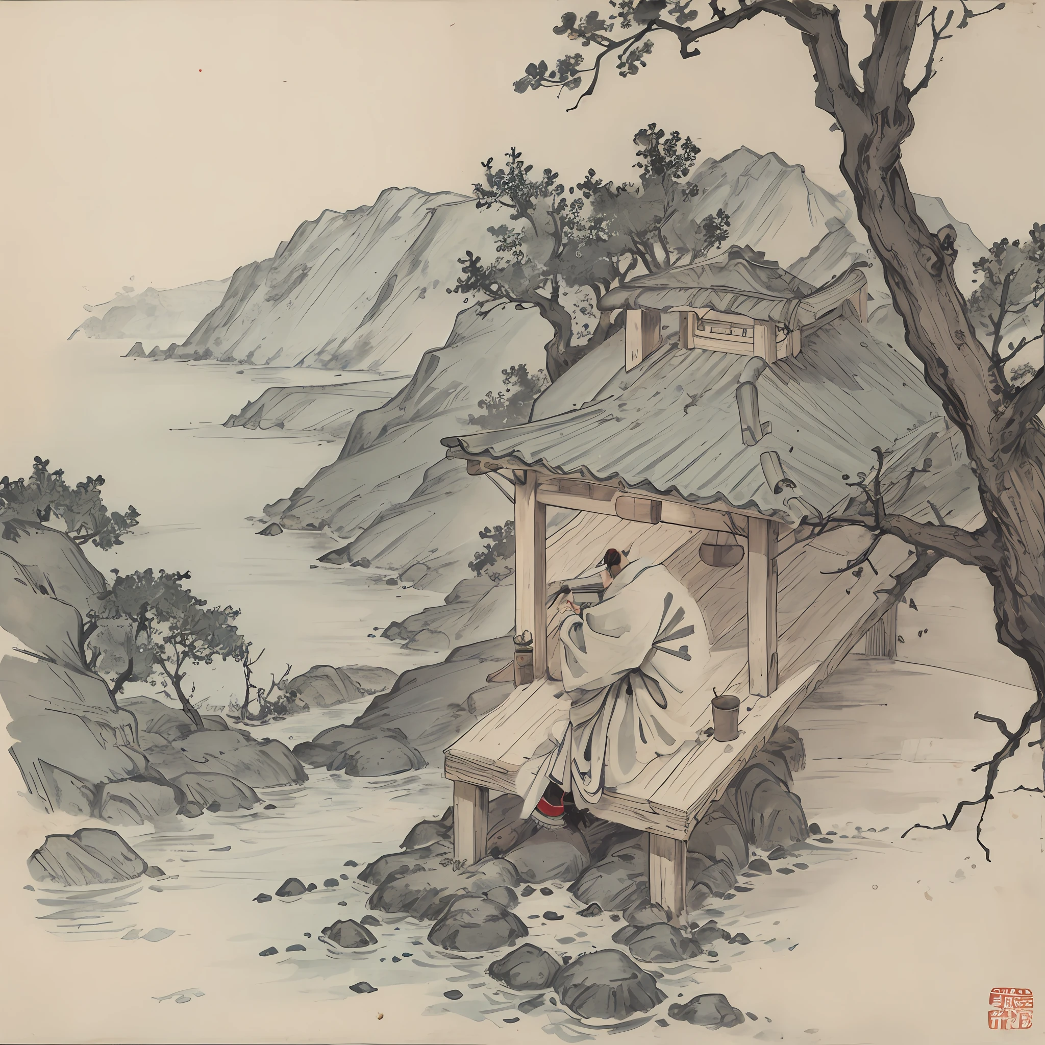 A person is sketching with a drawing board and paint