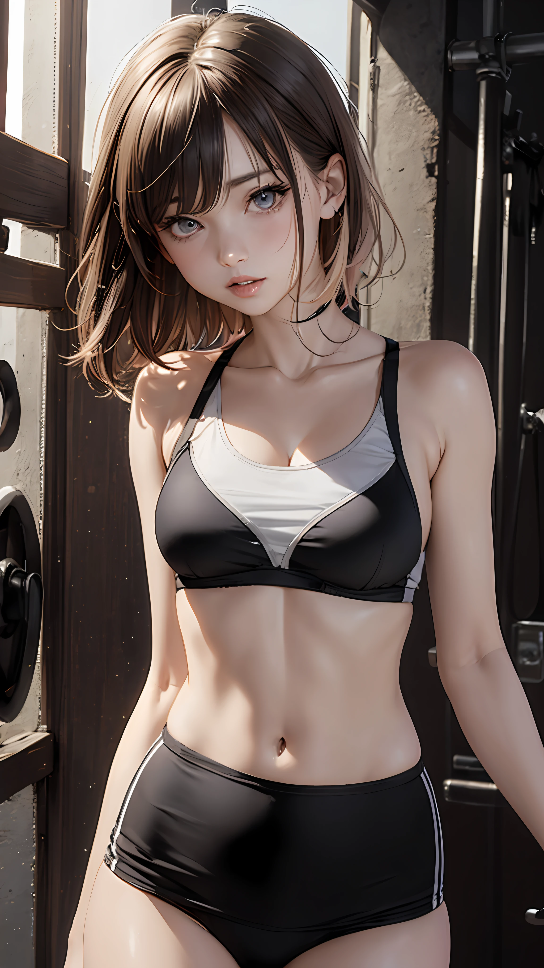 waist up, dynamic pose, model photography: photography, HD, high contrast, sharp image, mastery, mouth closed, balanced eyes, CG rendering, small skull, clavicle detail, (highest quality detail: 1.2), realistic kei, 8K ultra-fine, high quality texture, fine texture, fine detail, high detail, very fine CG, high quality shadows, beautiful and delicate eyes, freedom, beauty, small breasts, tall, blurry background, lime color gym clothes,