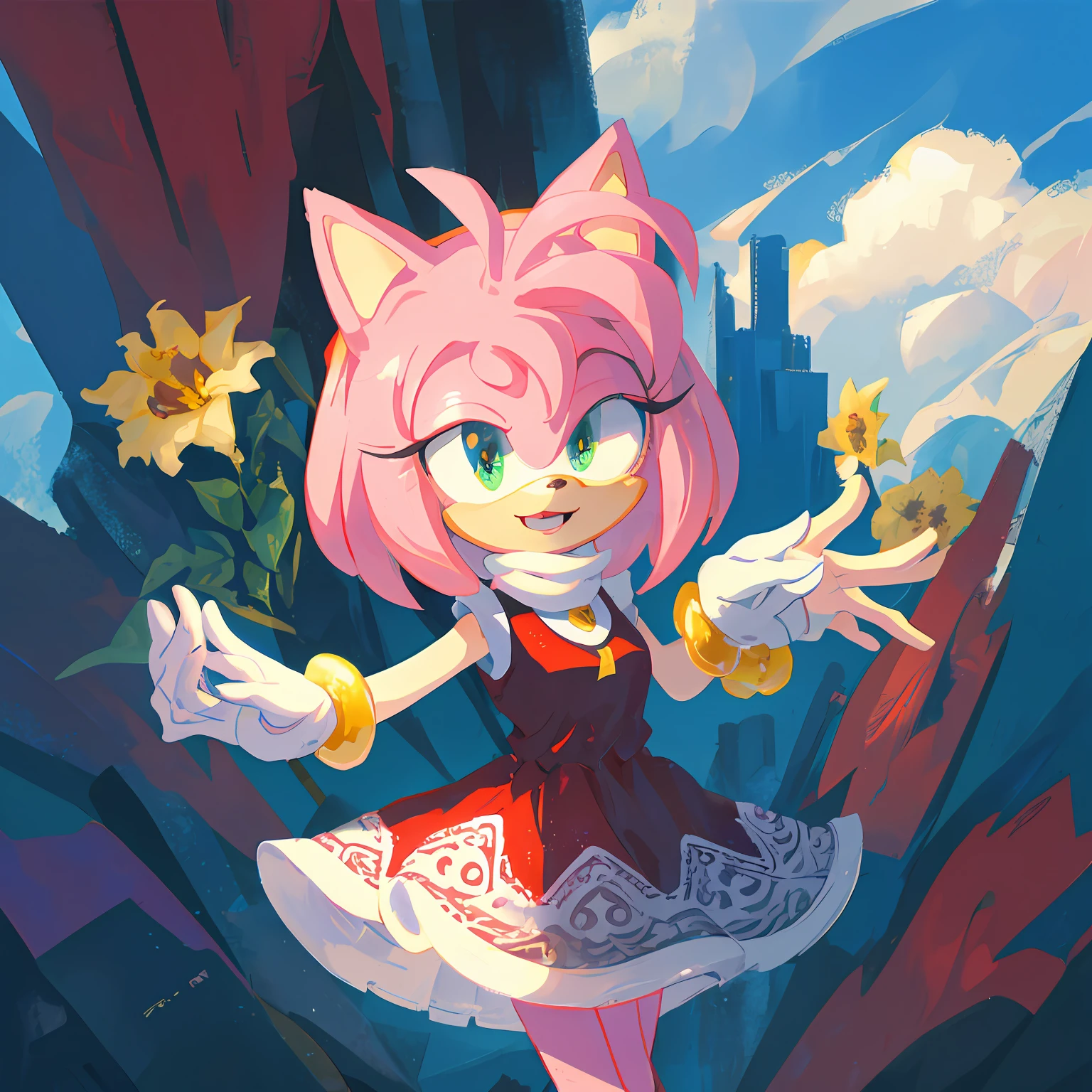 (masterpiece, best quality:1.1),fantasy,  intricate,  illustration  ,soft lighting,specular lighting,
1girl, solo, dress, pink skin,detailed eyes,
amy rose,  looking at viewer, smile, dynamic pose,  sonic \(series\),  flowers, cloudy sky, holding a flower, chibi,