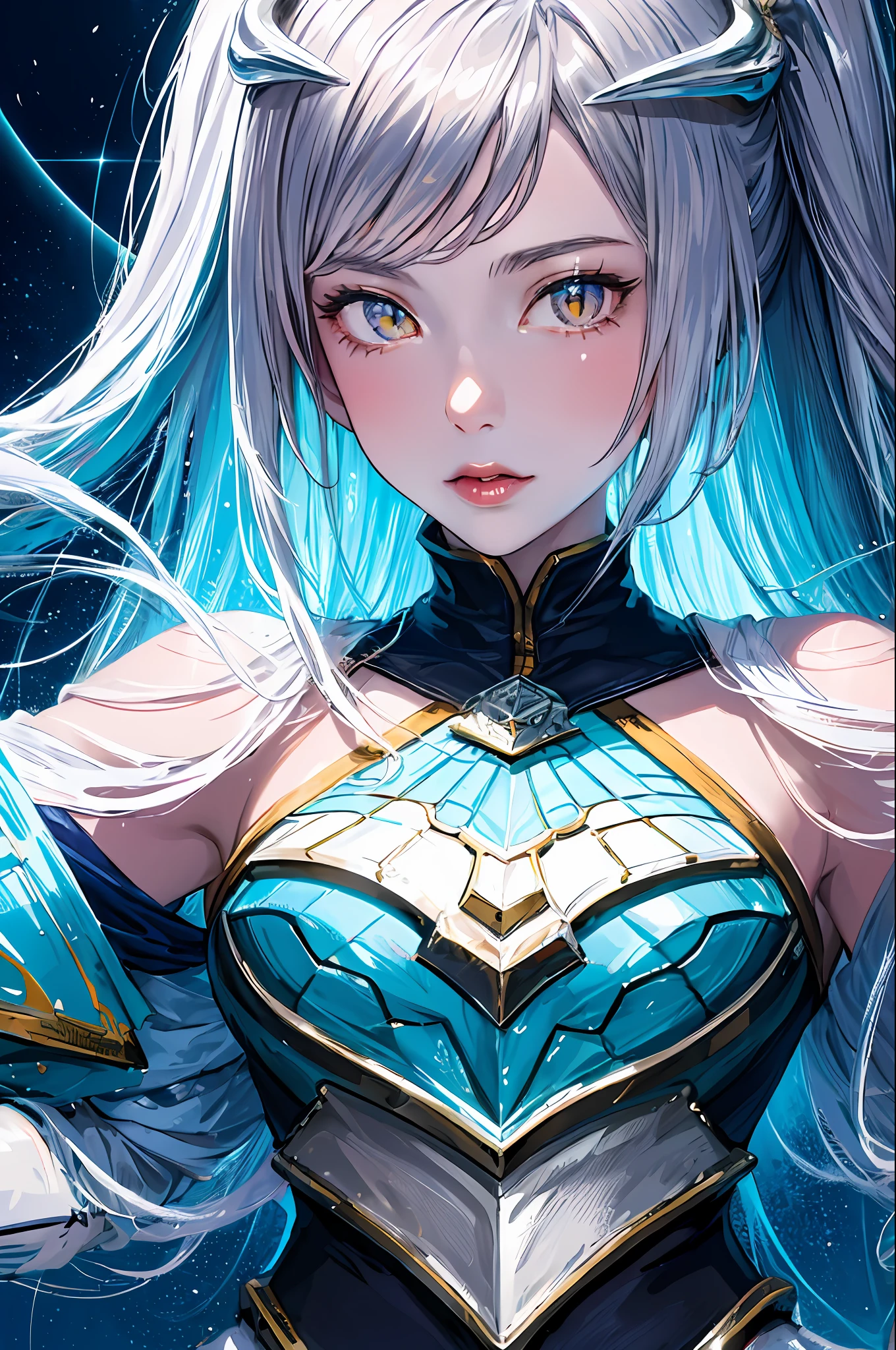 (masterpiece, top quality, best quality, official art, beautiful and aesthetic:1.2), cateyes,1girl, solo, armour, magic, light particles, upper body, extreme detailed, highest detailed, optical mixing, playful patterns, lively texture, unique visual effect