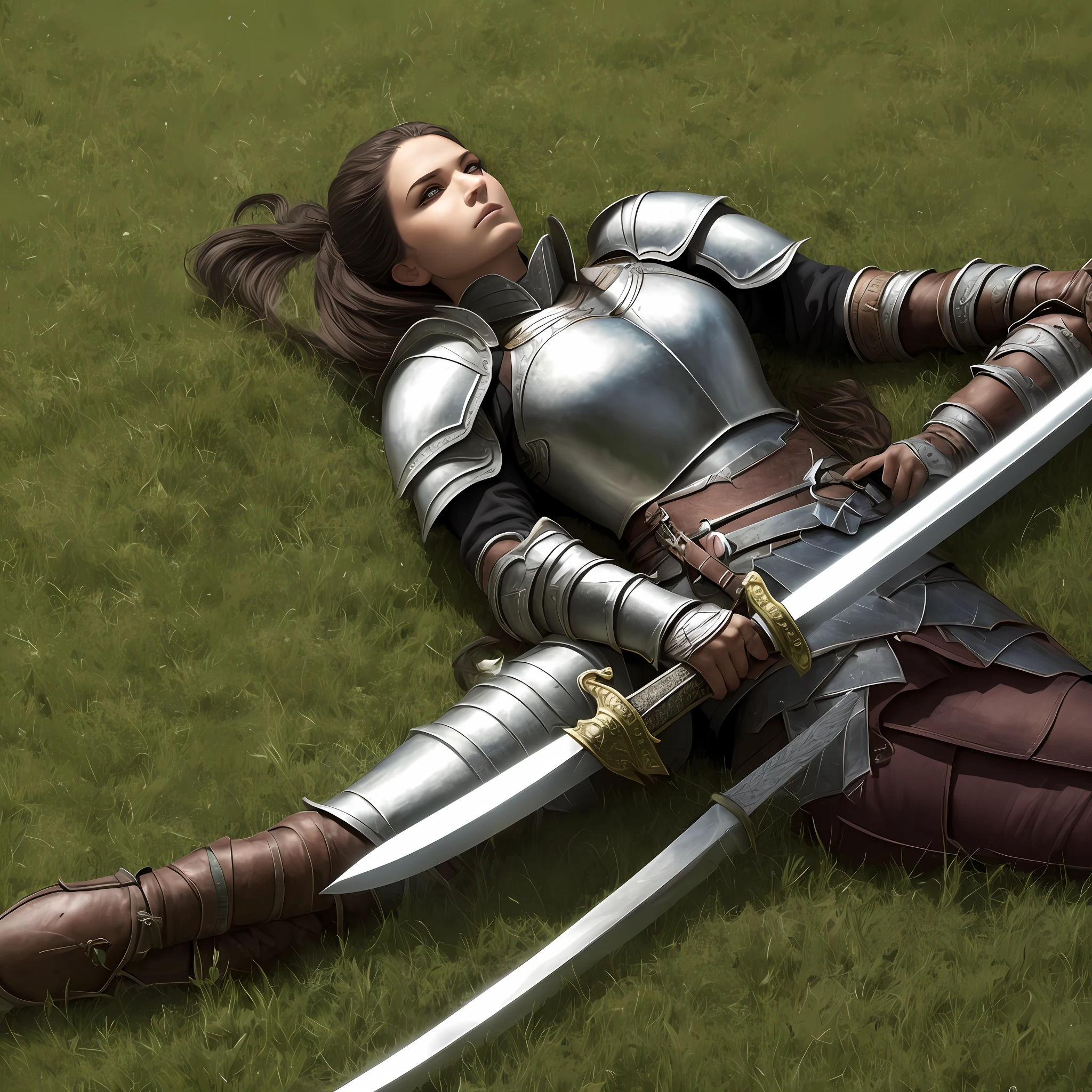 A female knight resting on the grass holding a long sword --auto