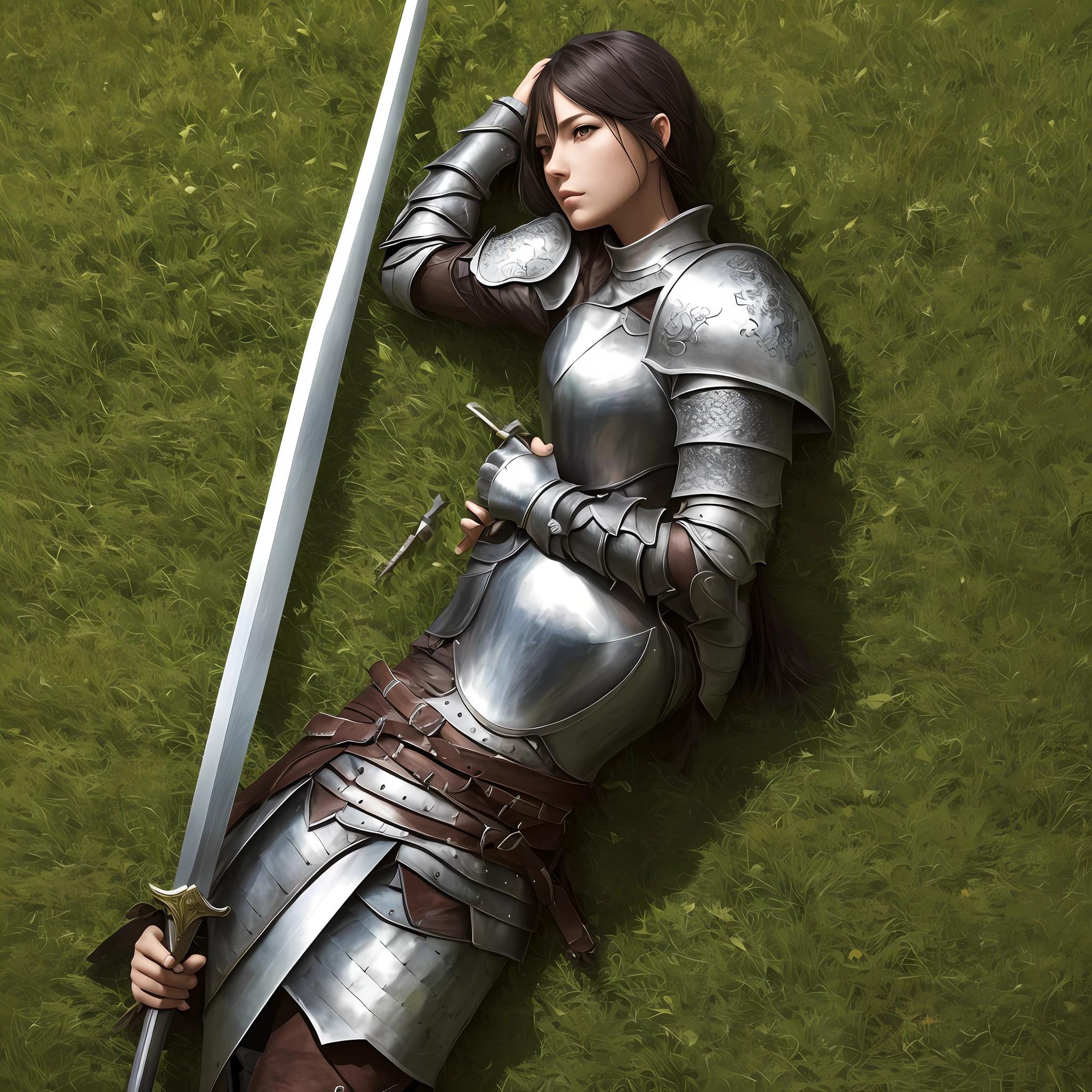 A female knight resting on the grass holding a long sword --auto