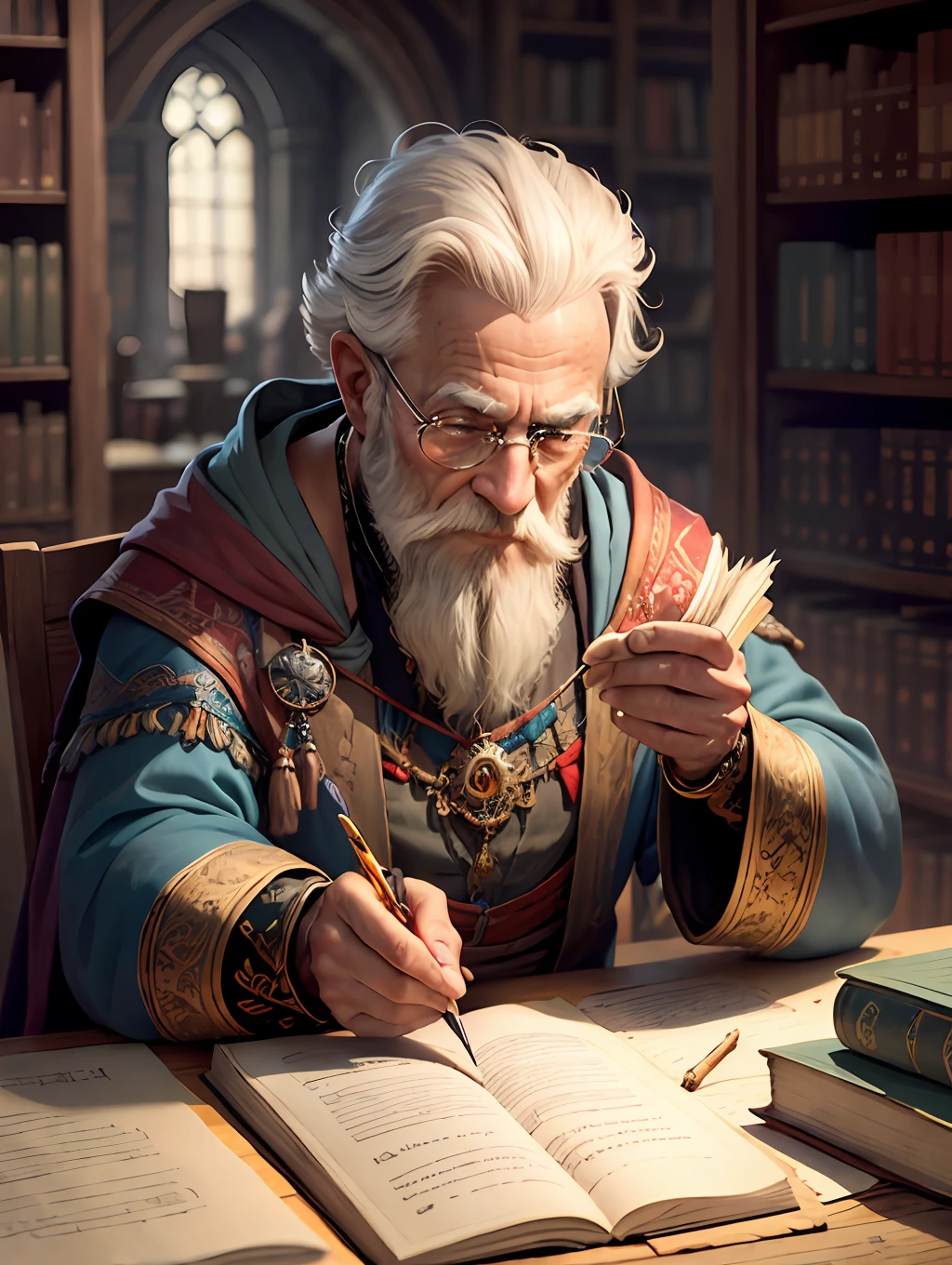Medieval Iman gemstones,fantastical,The old wizard writes a magic book in the library,There is a lot of technology and extreme realism,Magic Ball,Magic shines,Flying letters