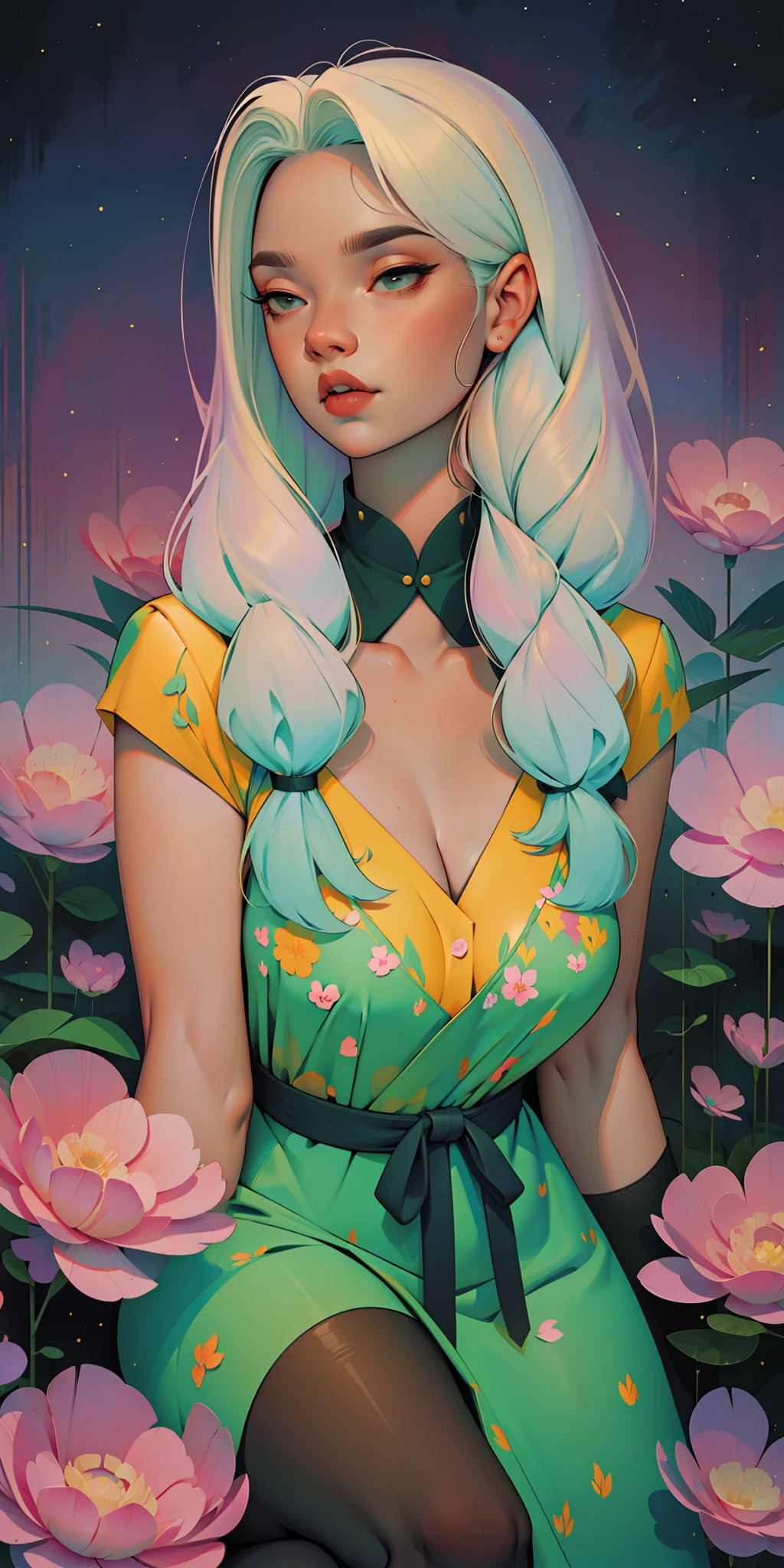 A glorious sunrise, aura, glow, aurora, Spectrum Rainbow, Background, in chic lavender white mint hair,  pastel, mixed-language_SMS, (beautiful and clear background:1.2),, fantastic paintings , High detail eye lace, Long pigtails, braid,  cosmos, galaxy, Long Hair, cool hairstyle, Flora Peony, poppy, hydrangea, Plants,  Loving, Love, ultra detailed hair, Best Quality, hig quality, high-resolution, detail enhancement, ((most beautiful image in the world)), Masterpiece, Best Quality, High Quality Detail Enhancement, ((most beautiful image ), Shiny hair, ultra chic dress print, Stampa Flores,  tights in a mesh,,  art by stjepan sejic, art by j scott campbell, art by guillem march, art by citemer liu, 4k, high-resolution, comic book character, comic, high quality detailed,   style of ::2.0 comix illustration style,tatoon style, hig quality, high-resolution, detail enhancement, 8K, HD, Best Quality, hig quality, high-resolution, detail enhancement, 8K, HDR, Sharp focus, Ultra Detailed, Perfect lighting, Curvy Body, Lush breasts, Curvy hips, Sits