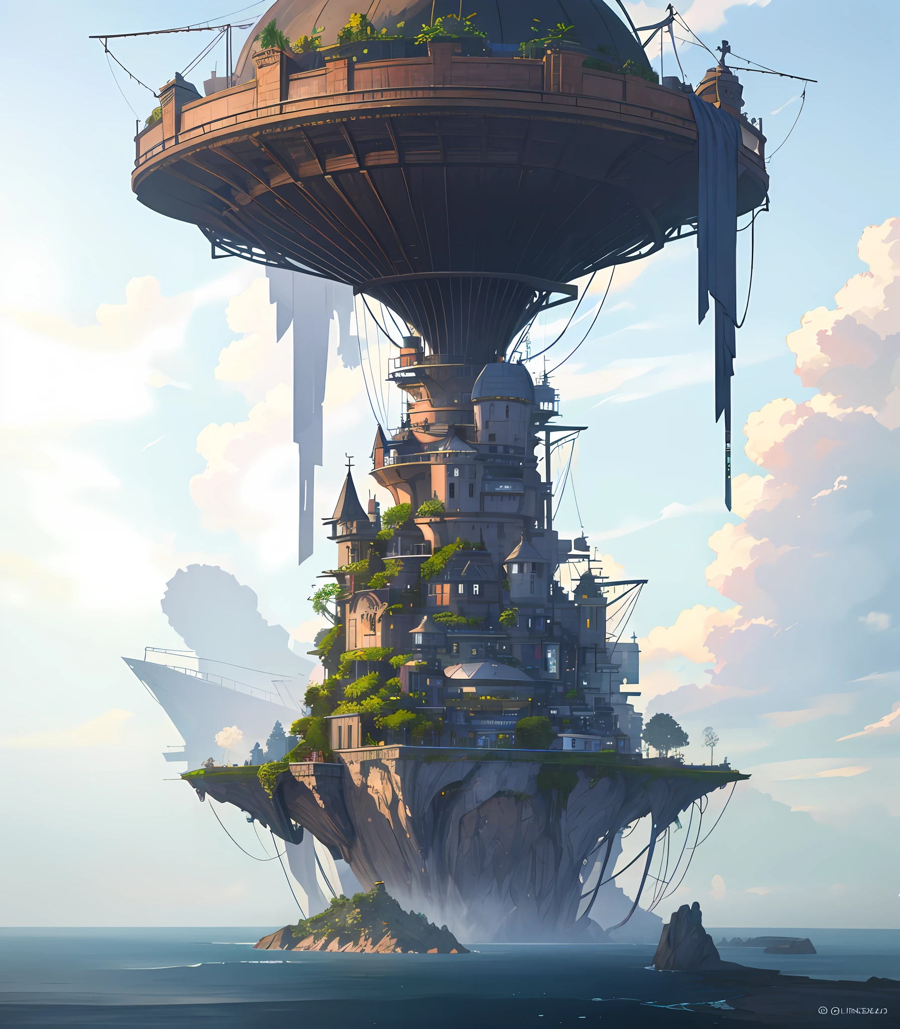 Many islands are suspended in the air with many small airships flying around, cities, fantasy, magical plants growing, extreme details, realistic light, epic composition, (complex details), (complex design, ultra-details :1.2), Art Station, (Masterpiece, Best Quality), Ultra HD, 32k --v 6