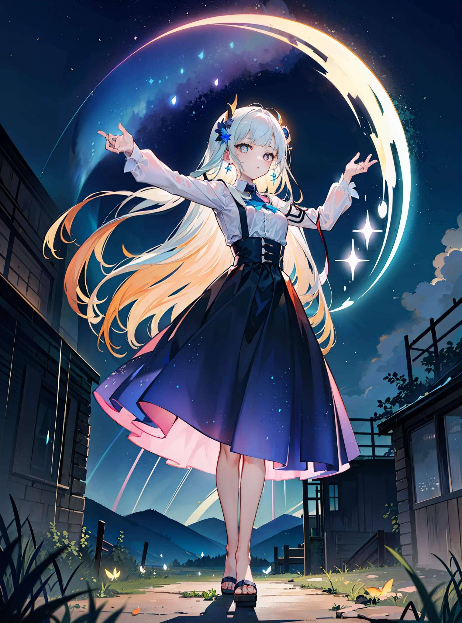 Absurd, high resolution, ultra-detailed, realistic layered shadows, 4K, (center composition), ((full-body shot, bottom-up perspective, strong chiaroscuro, deepening shadows)), (night scene), generative based on models of generative adversarial networks, ((a girl falling from the air, spinning dance pose, long blonde to blue gradient hair, bangs pick dye, gradient inner hair, cyan hair ornament, earrings, heterochromatic pupils in silver and crimson, fluttering long skirt)), ((aurora, raindrops or rain tracks)), (Delicate and cute facial features, (detailed depicted eyes, detailed pupils)). Background prism refracts light effects, kaleidoscopic colors, rendering effects, ((shimmering milky way)), moonlight, (particle effects), lens blur, (moon). Fisheye lens effect, unique widescreen composition. Glowing fireflies, dappled light and shadow, ruins, tranquil natural beauty. BREAK, the picture is falling leaves, dark blue background, distance from fog, mountains in the distance, emotional and eye-catching visual impact, (depth of field),