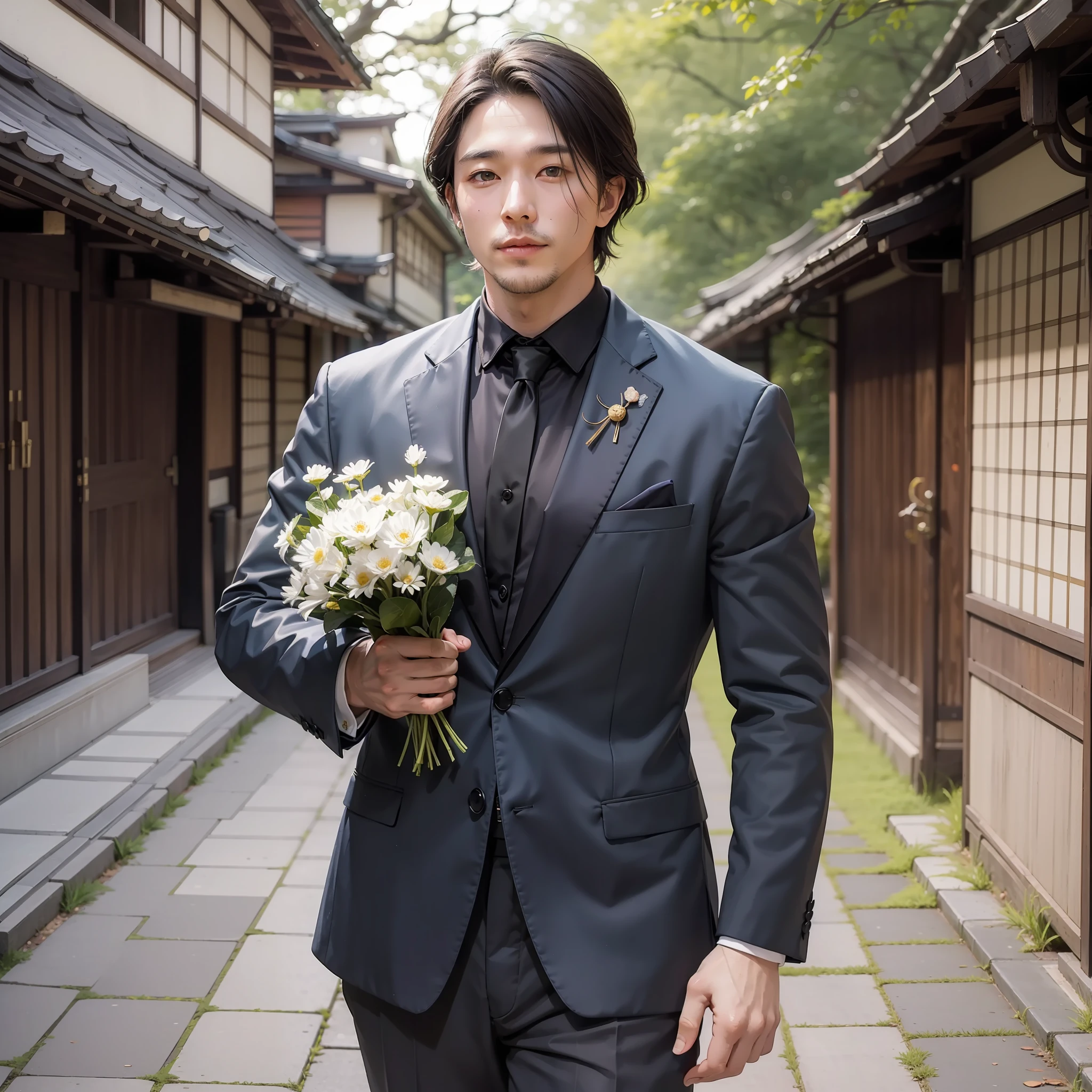 best qualiy、Full body portrait、The average face of Japan people、Masculine face、35-year-old man、muscular figure、Full body tuxedo、Office Clothes、Dark hair、Outdoor Scene、Strolling through the Japan mansion、Dandelion is blooming