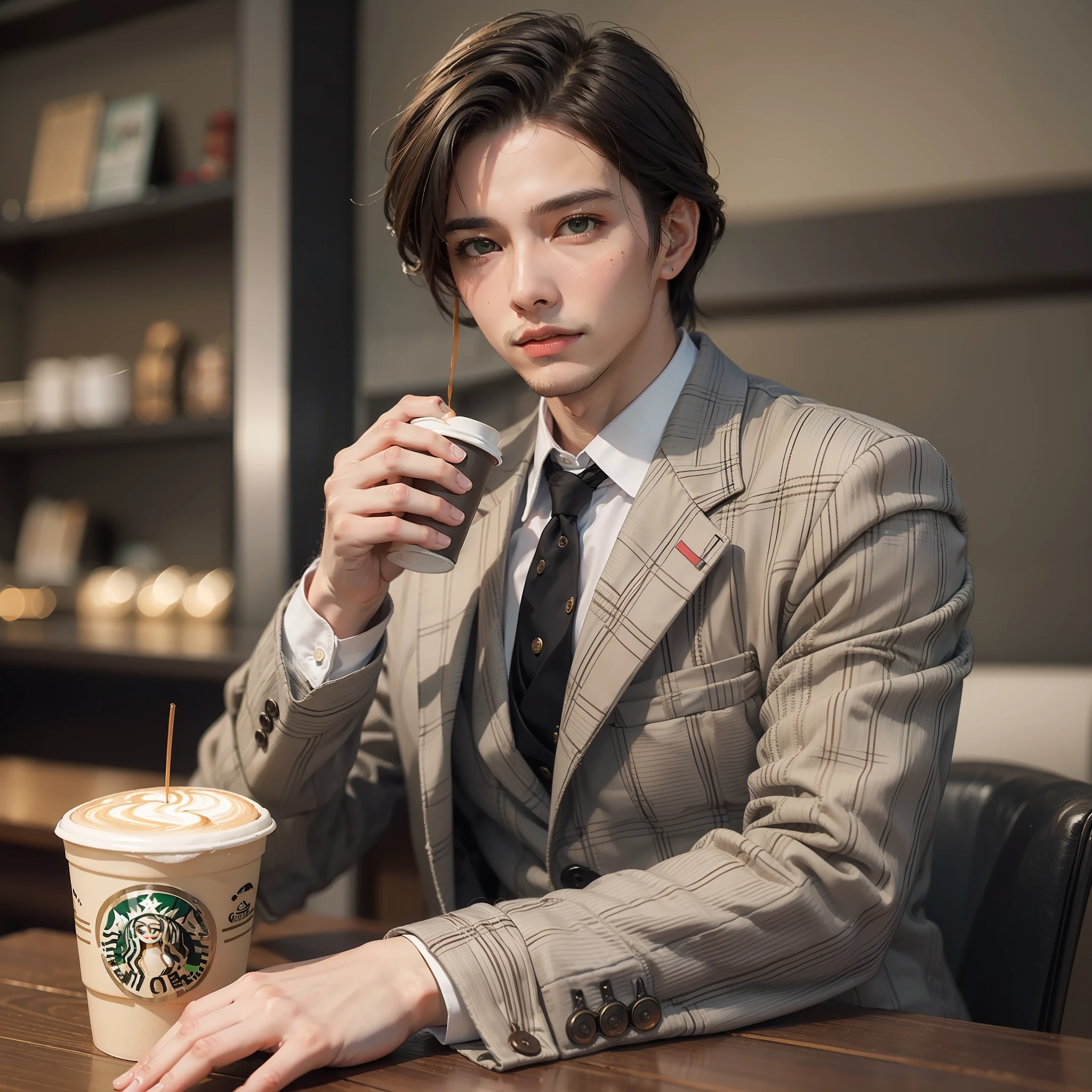 Masterpiece、Top image quality、Beautiful image quality、Realstic、pictures、8k、high-detail、Sense of substance、Japan Beautiful Men、Man without a beard、35yo、Good looking man in CHANEL suit、upperbody shot、Drink a cappuccino at Starbucks、Very modern and stylish urban atmosphere