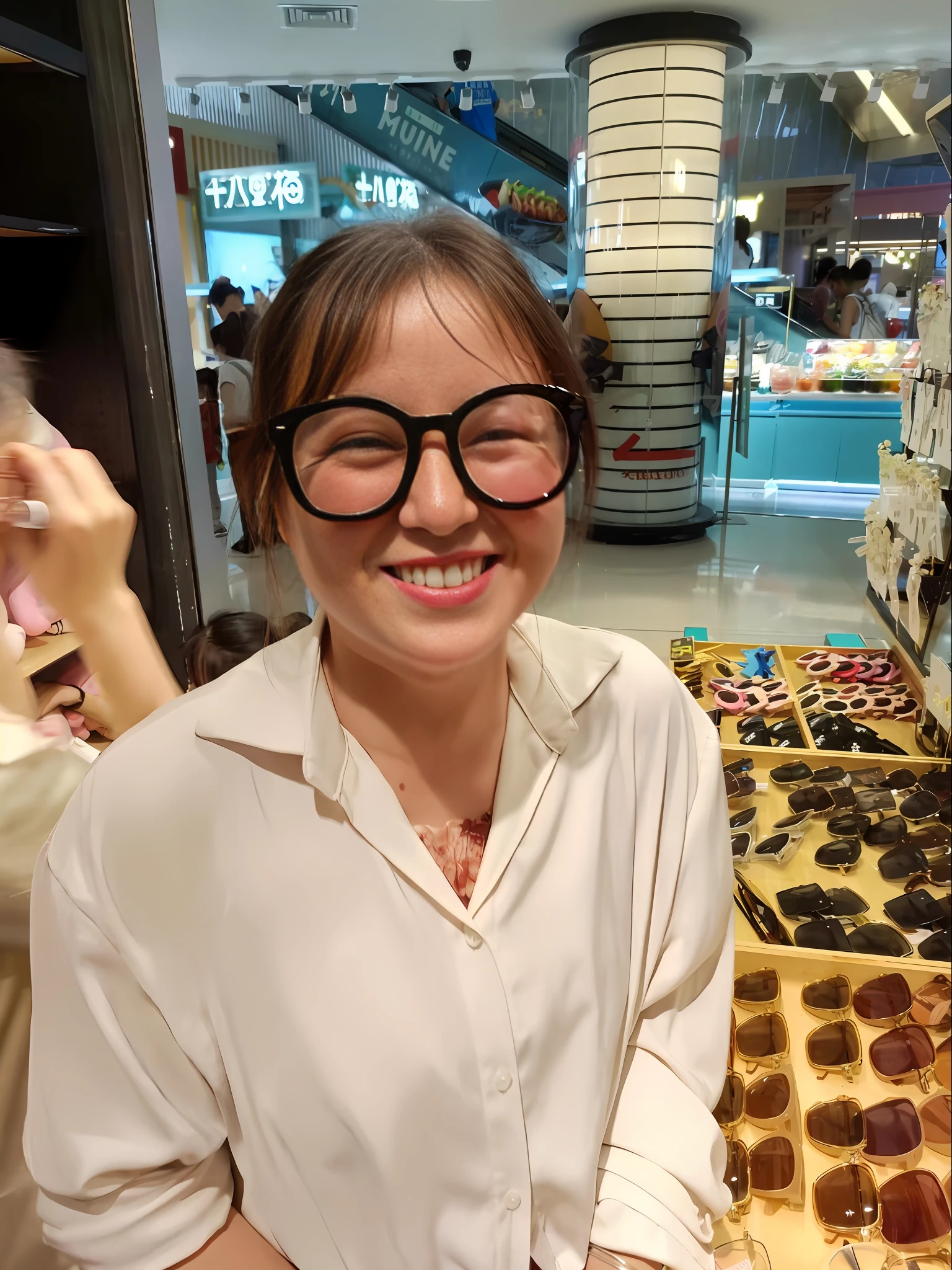 woman in glasses standing in front of a display of chocolates, thick round spectacles, wenfei ye, girl wearing round glasses, she wears harry potter glasses, li zixin, xintong chen, wearing big black circle glasses, wearing small round glasses, jinyiwei, wearing round glasses, With glasses, yanjun cheng, wearing thin large round glasses，white-skinned，with big eyes，sexly