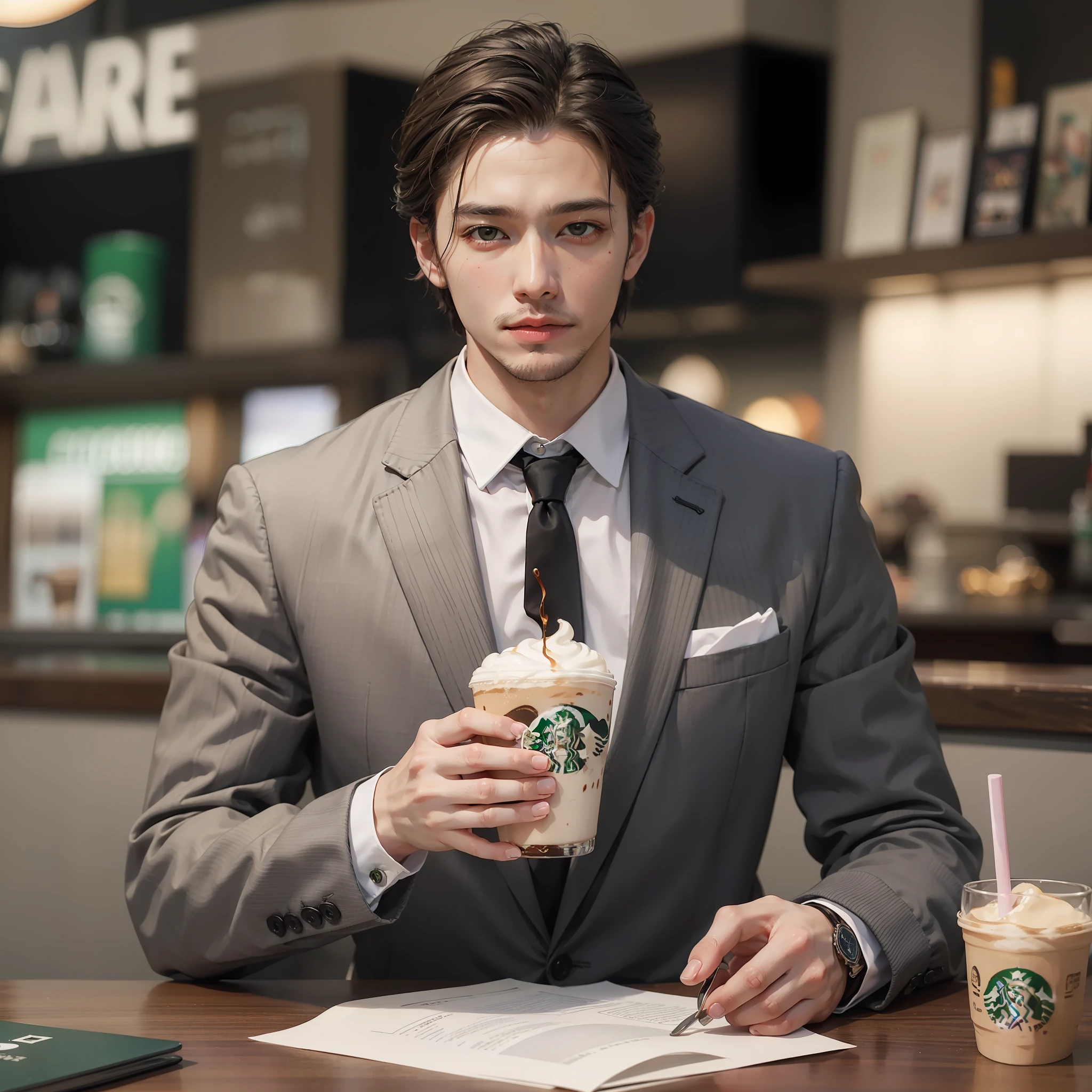 Masterpiece、Top image quality、Beautiful image quality、Realstic、pictures、8k、high-detail、Sense of substance、Japan Beautiful Men、Man without a beard、35yo、Good looking man in CHANEL suit、upperbody shot、Drink a cappuccino at Starbucks、Very modern and stylish urban atmosphere