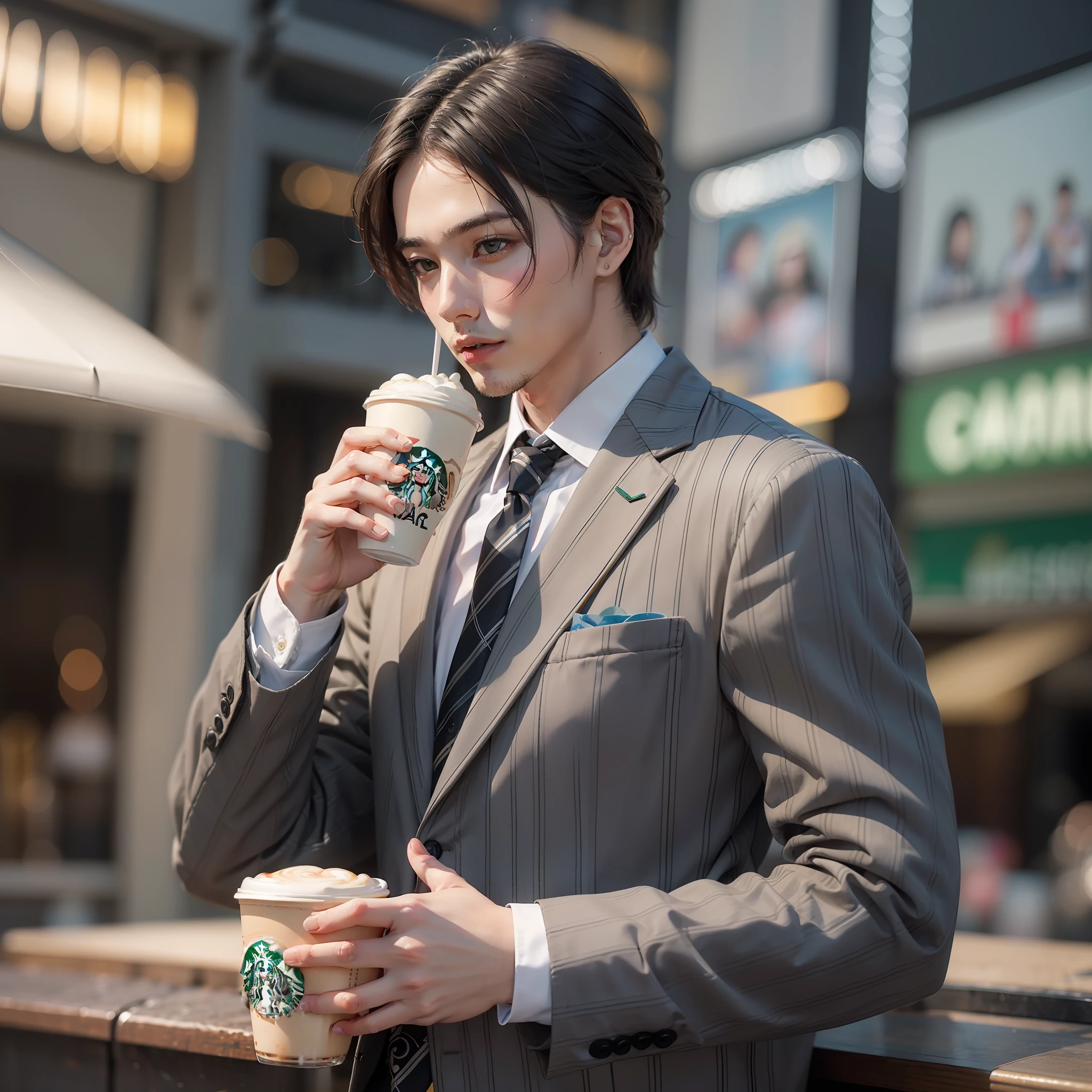 Masterpiece、Top image quality、Beautiful image quality、Realstic、pictures、8k、high-detail、Sense of substance、Japan Beautiful Men、Man without a beard、35yo、Good looking man in CHANEL suit、upperbody shot、Drink a cappuccino at Starbucks、Very modern and stylish urban atmosphere