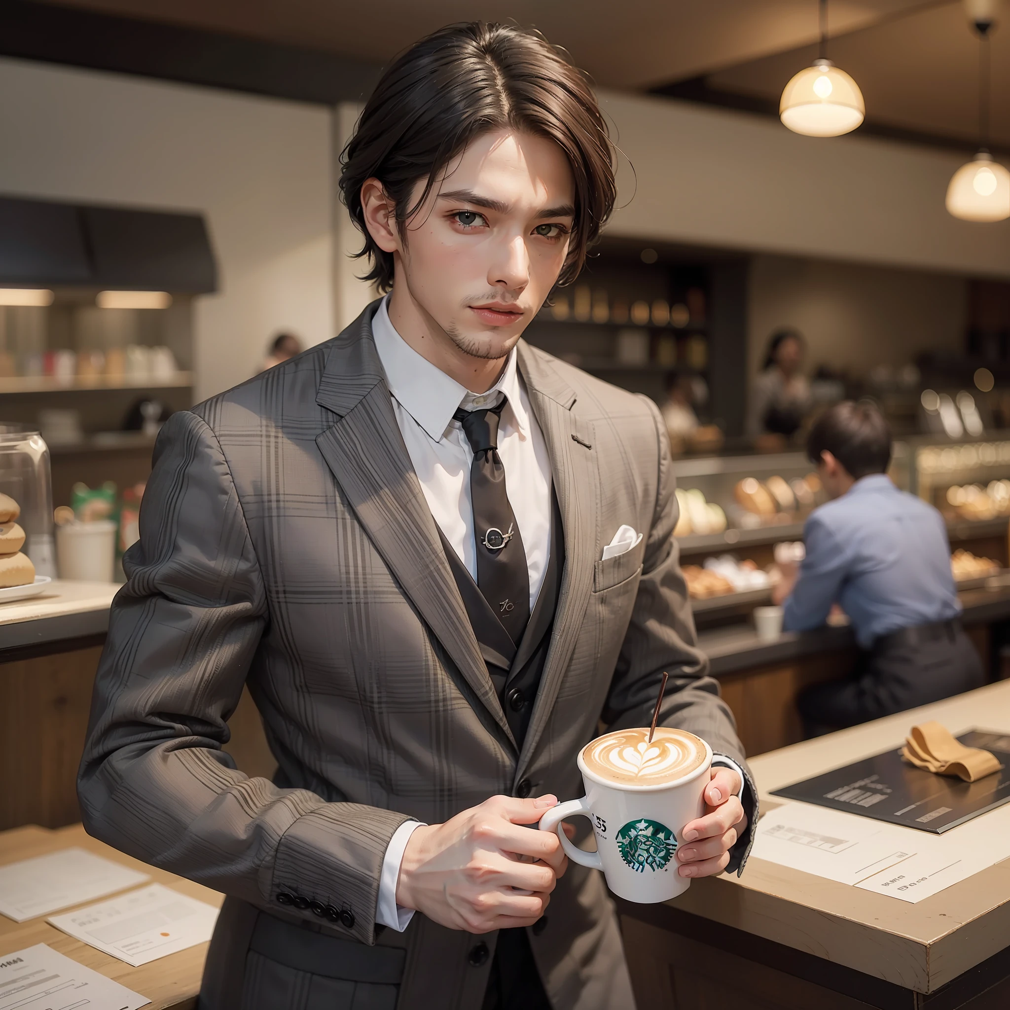 Masterpiece、Top image quality、Beautiful image quality、Realstic、pictures、8k、high-detail、Sense of substance、Japan Beautiful Men、Man without a beard、35yo、Good looking man in CHANEL suit、upperbody shot、Drink a cappuccino at Starbucks、Very modern and stylish urban atmosphere