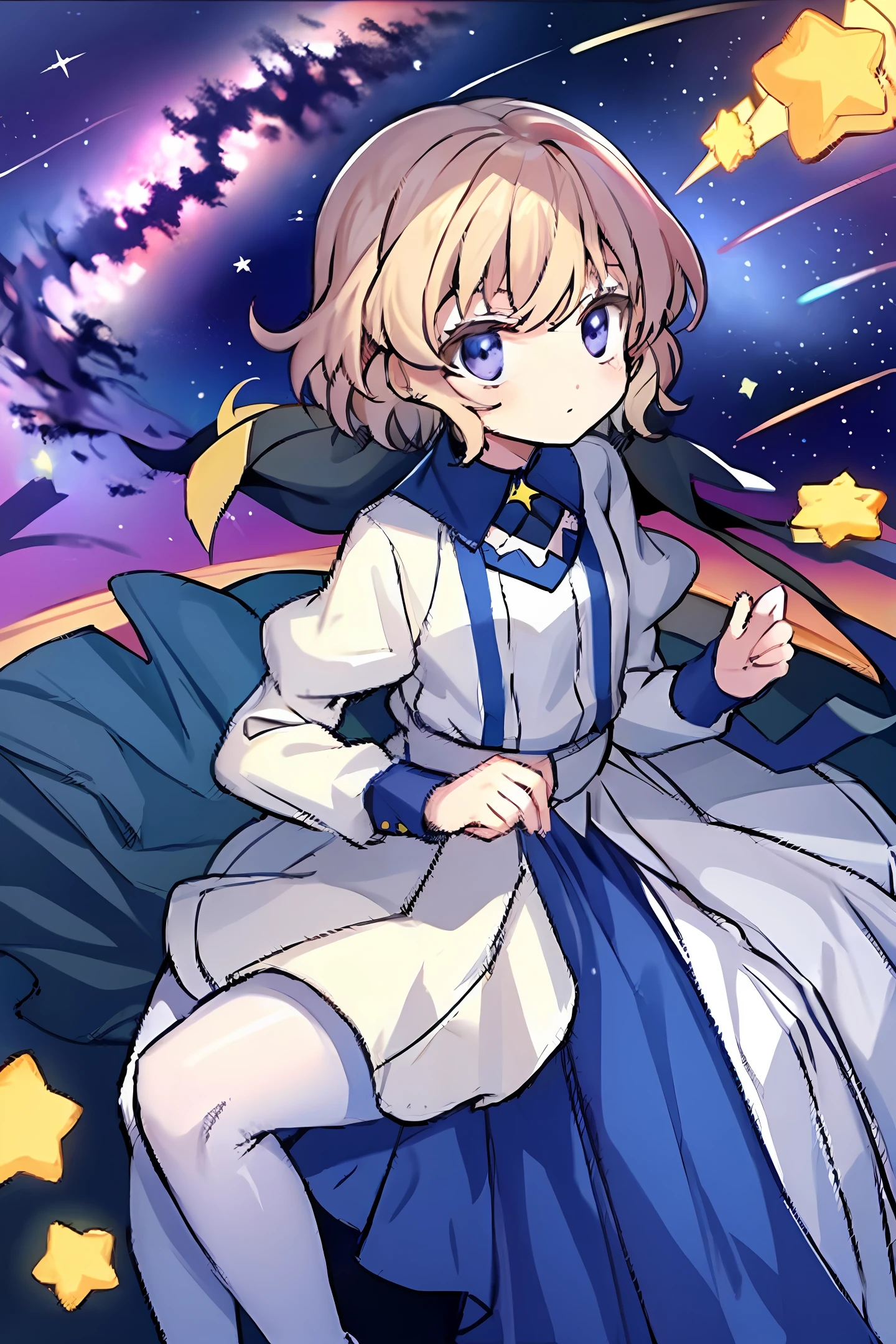 night sky(shooting star、Starry sky、Milky Way、One star)、The season is summer、Small stargazing girl in the center below(Long、sailor clothing)、Dreamy、Magical、Time seems to have stopped、The time is around 11 p.m.、Looking up from the summit、Endlessly