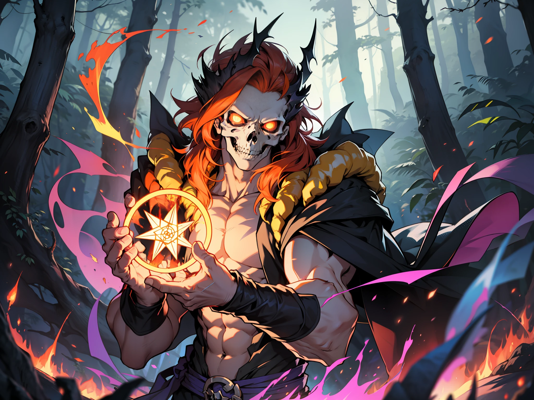 "Living sculpture, perfectly shaped body, multicolored fire hair, skull face, just like those of the Ghost Knight! Broken chains adorn the wrists, in a forest at night, creating a magic circle of star-shaped fire, with orange and purple colors in a degrade."