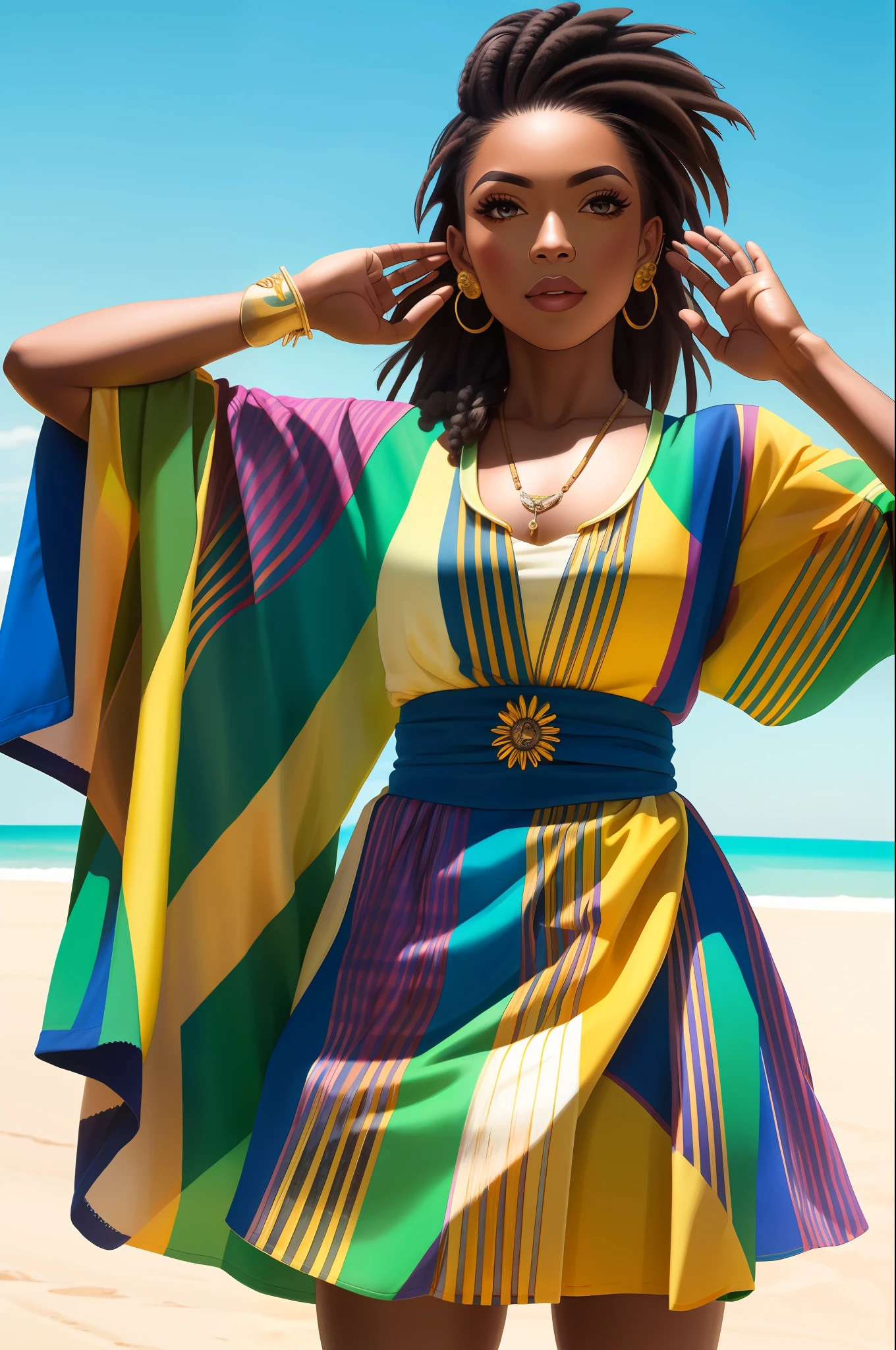 (obra-prima: 1.2), (melhor qualidade: 1.2), olhos perfeitos, rosto perfeito, lighting perfect, Photo Session, 1girl, mature female wearing SSAHC, SSAHC, de pele escura, vestido tribal colorido, cocar, bushy eyelashes, seios enormes, maquiagem, sombra, mid hair, oasis, deserto fundo detalhado ao ar livre