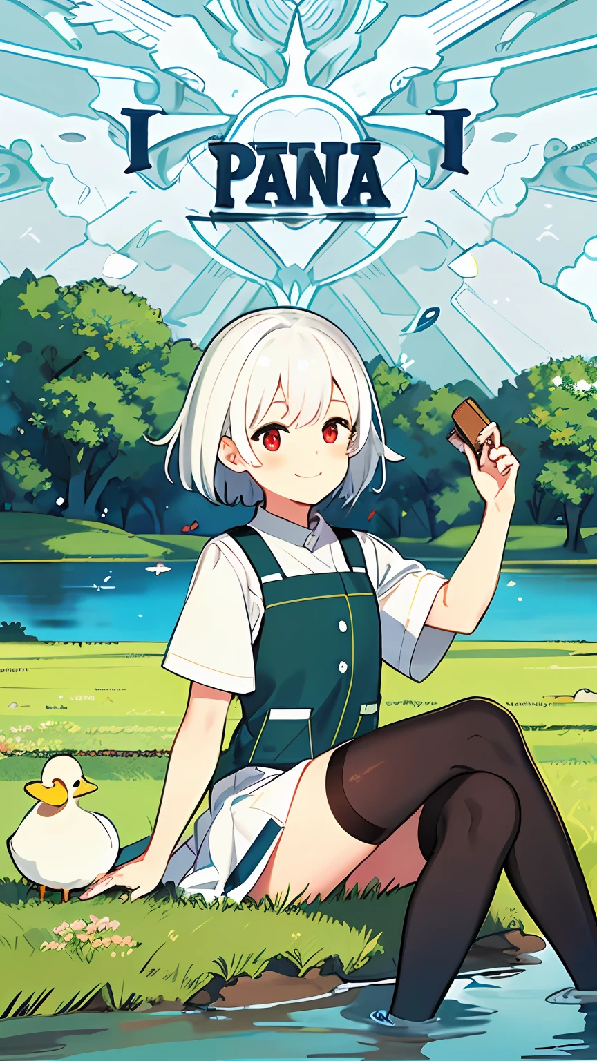 杰作，Best quality，1girls，yama，Lake，grass field，the panorama，knee-highs，（iwhite colored hair：1.2），short-length hair，Red pupils，duck sitting，Cutes，freshen，Innocent smile，Five fingers，Sit on your knees，
