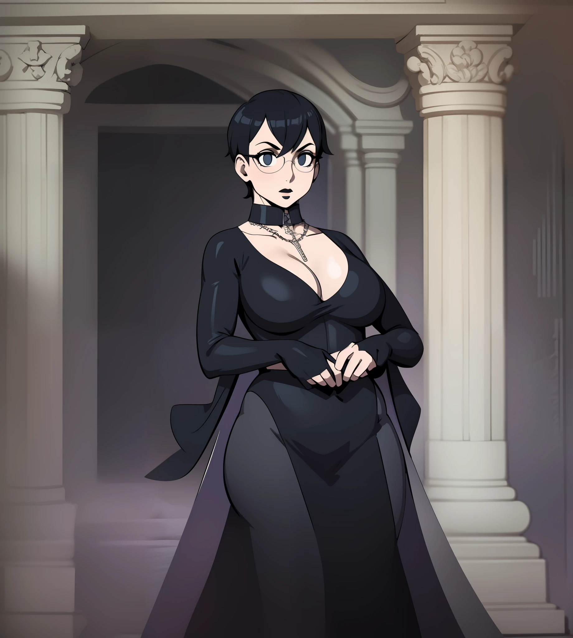 Cheveux courts, robe longue, chiffons s, tomboy, cheveux noiraquillage, Goth, verre,sein moyen, christian, Croix latine, seul, forest, full clothed, victorian cloths, Jupe longue, marche, portait, corps entier, chiffons noirs