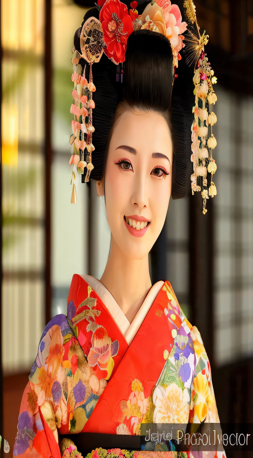 araffe woman in a kimono with a flowered hairdo, beauty geisha, geisha hairstyle, geisha photo portrait, portrait of geisha, geisha make up, japanese geisha, portrait of a beautiful geisha, geisha make up, portrait of geisha, remarkable geisha make up, traditional geisha clothing