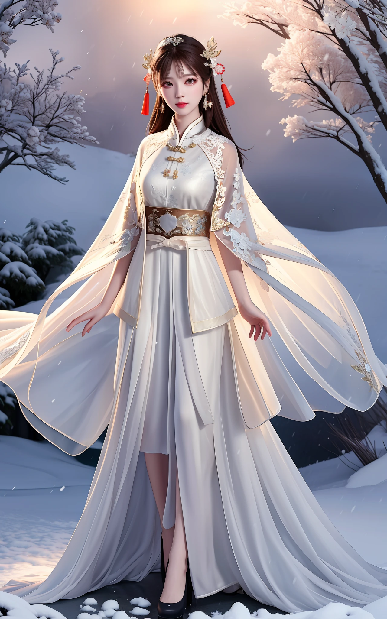 best quality, masterpiece, high resolution, 1girl, sheer lace porcelain dress, cotton robe, hair accessory, dress, hair accessory, necklace, jewelry, chinese clothing, long hair, earrings, detailed beautiful eyes, detailed eyelashes, beautiful face,upon_body, tyndall effect,realistic, edge lighting, two-tone lighting, (high detail skin: 1.2), 8k ultra hd, DSLR, soft lighting, high quality, volumetric lighting, frank, photos, high resolution, 4k, 8k, Bokeh, In the garden, Snow, Winter, (Full body shot 1.5) ,--iw2 (in a large cloak) with a soup poko in his hand