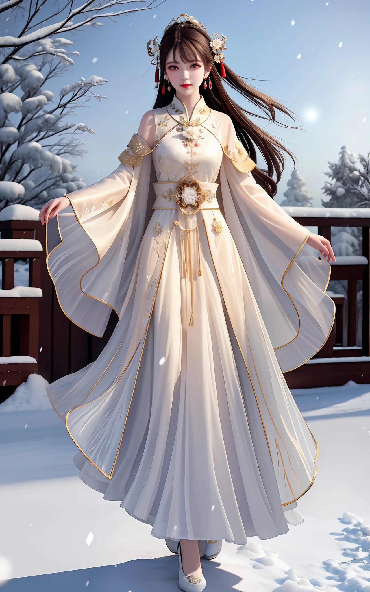 best quality, masterpiece, high resolution, 1girl, sheer lace porcelain dress, cotton robe, hair accessory, dress, hair accessory, necklace, jewelry, chinese clothing, long hair, earrings, detailed beautiful eyes, detailed eyelashes, beautiful face,upon_body, tyndall effect,realistic, edge lighting, two-tone lighting, (high detail skin: 1.2), 8k ultra hd, DSLR, soft lighting, high quality, volumetric lighting, frank, photos, high resolution, 4k, 8k, Bokeh, In the garden, Snow, Winter, (Full body shot 1.5) ,--iw2 (in a large cloak) with a soup poko in his hand