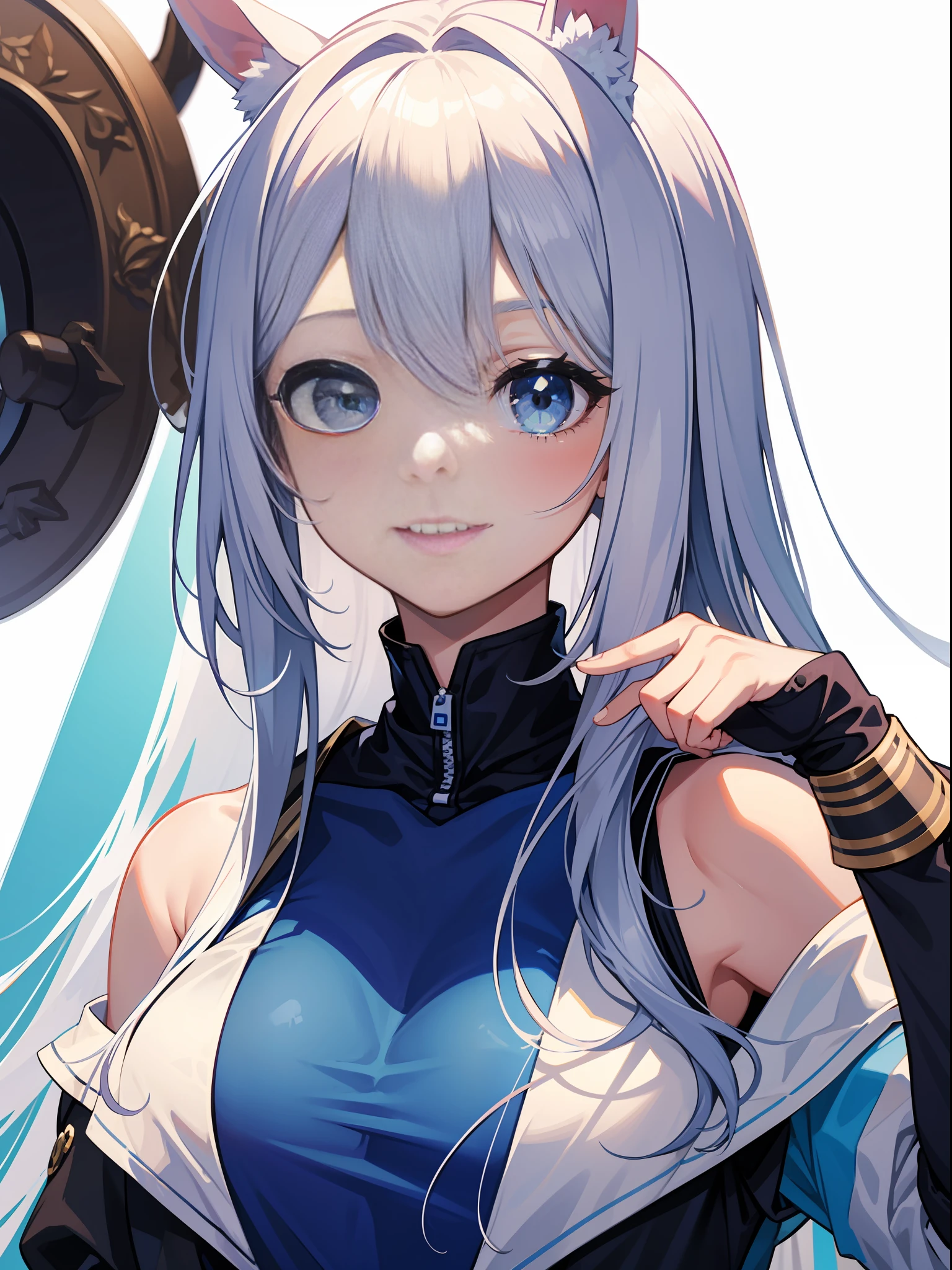 Anime girl with white long-haired horse ears,1girls,confused,blue and white sportswear,(No background),Close-up,Upper body,Portrait,Smile with